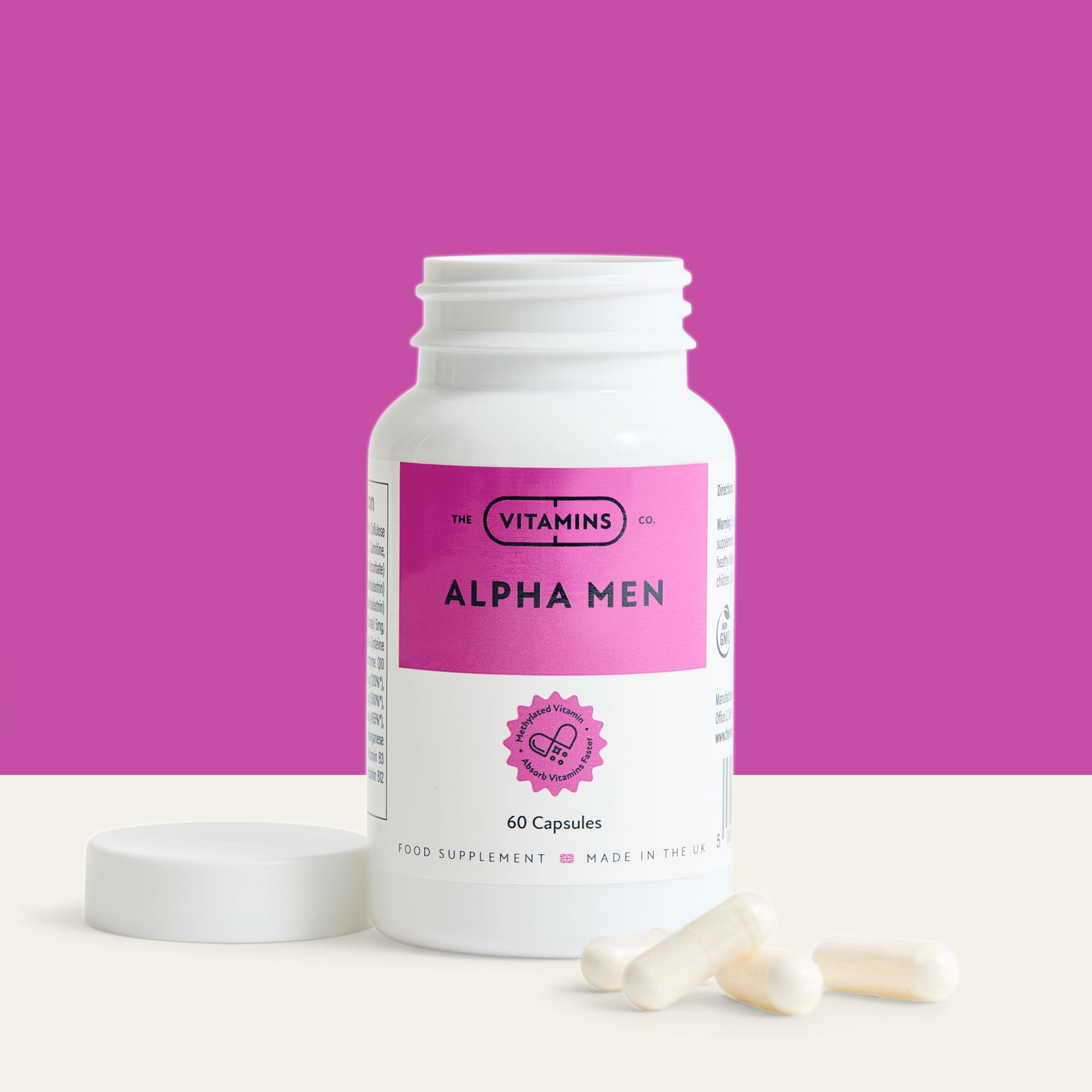 Front label of Alpha Men by The Vitamins Co – fertility support formula for men in white plastic bottle