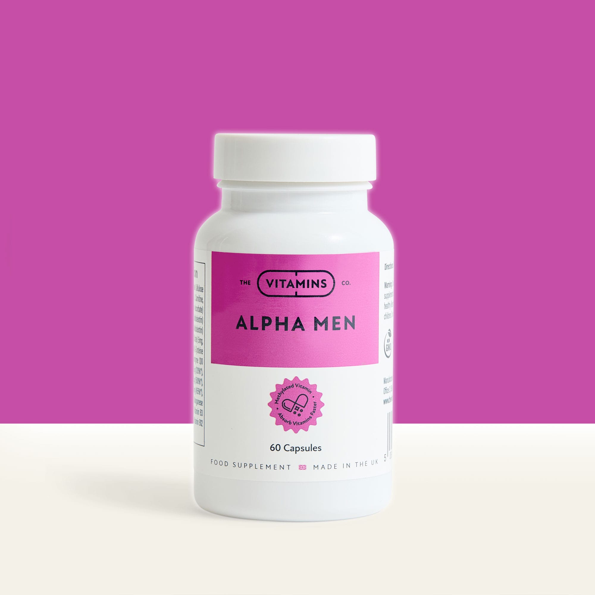Alpha Men by The Vitamins Co – male fertility and reproductive health supplement in white plastic bottle