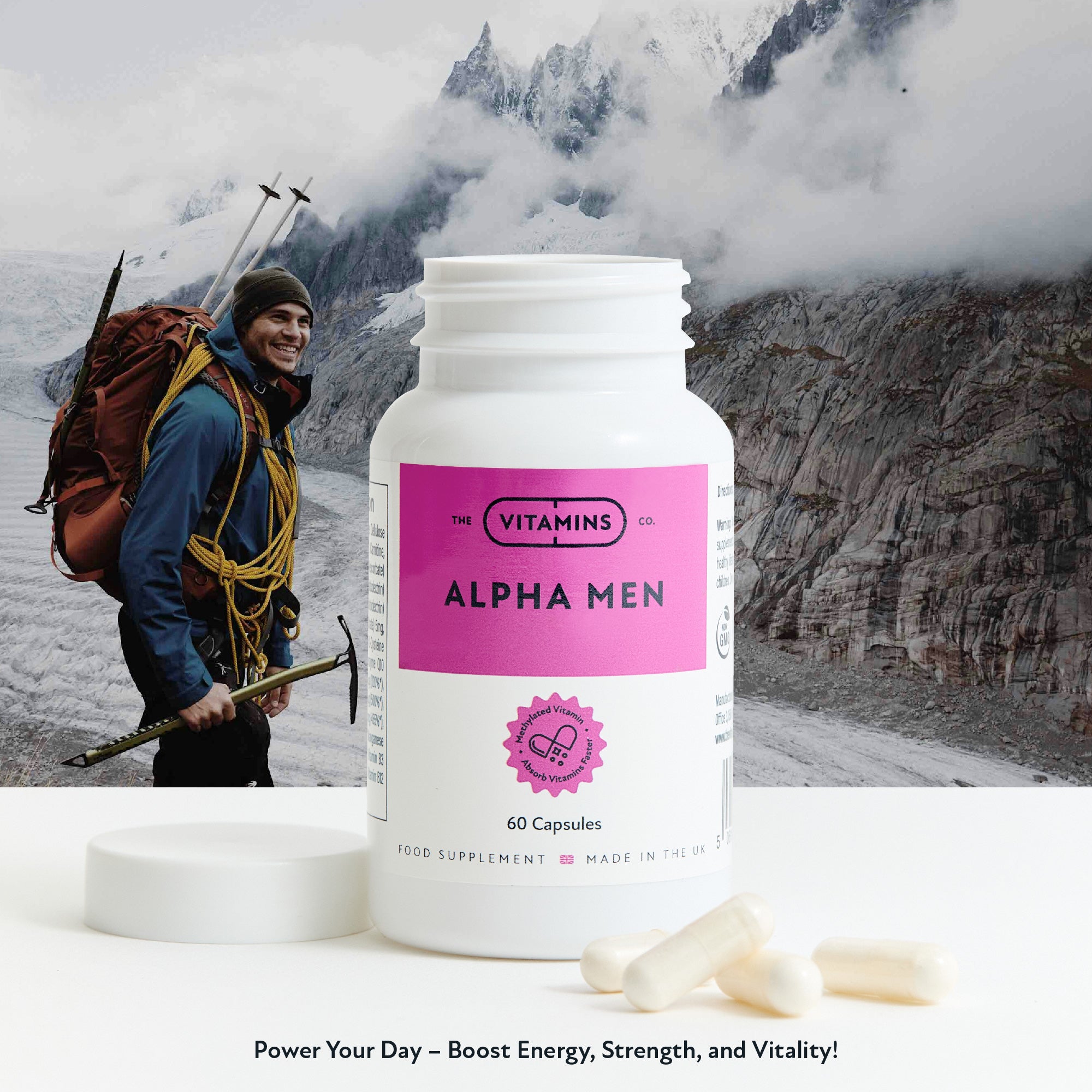 Front label of Alpha Men by The Vitamins Co – fertility support formula for men in white plastic bottle