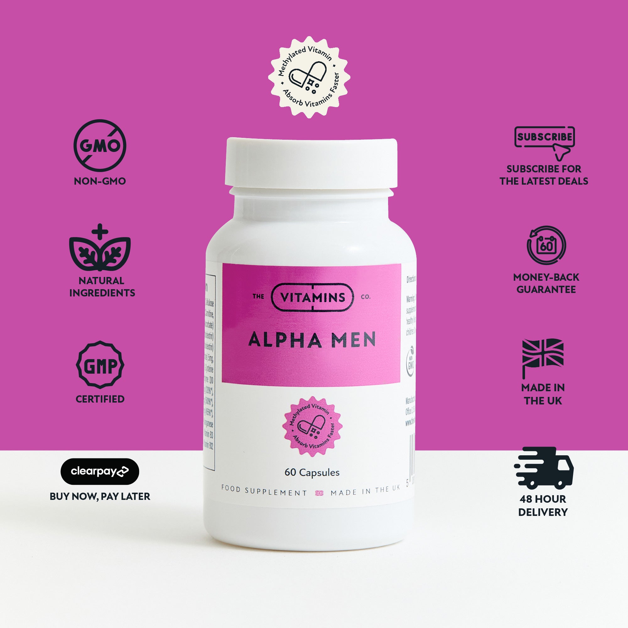 Alpha Men by The Vitamins Co – male fertility and reproductive health supplement in white plastic bottle