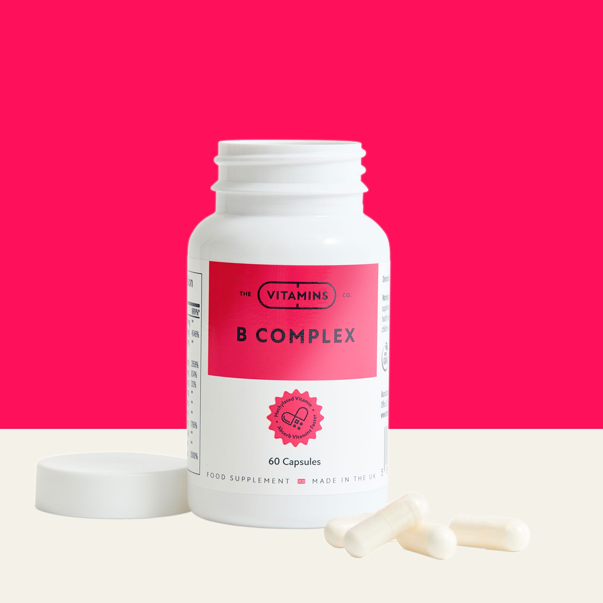 Front of The Vitamins Co B Complex vitamins – methylated B vitamin blend in white plastic bottle