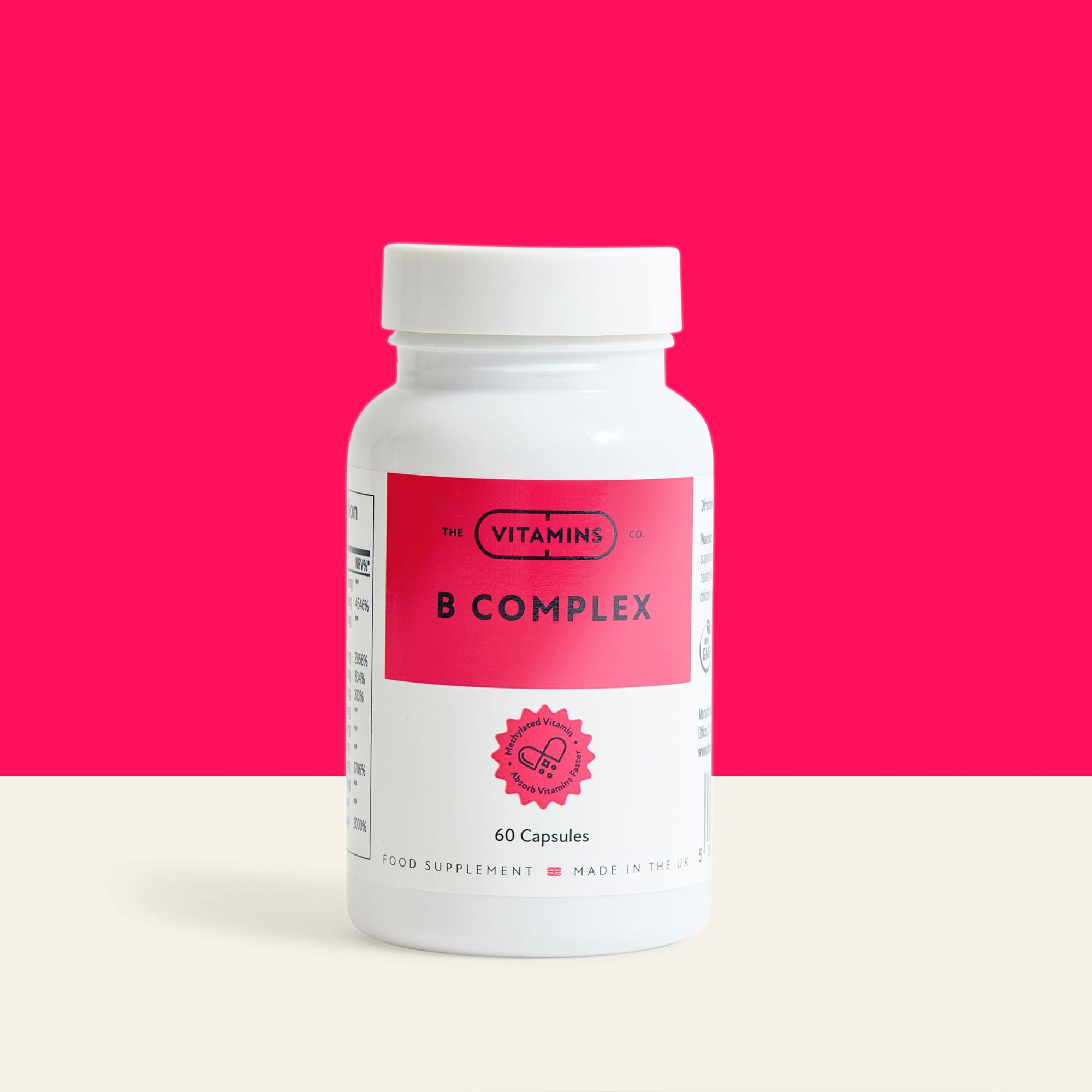Front of The Vitamins Co B Complex vitamins – methylated B vitamin blend in white plastic bottle
