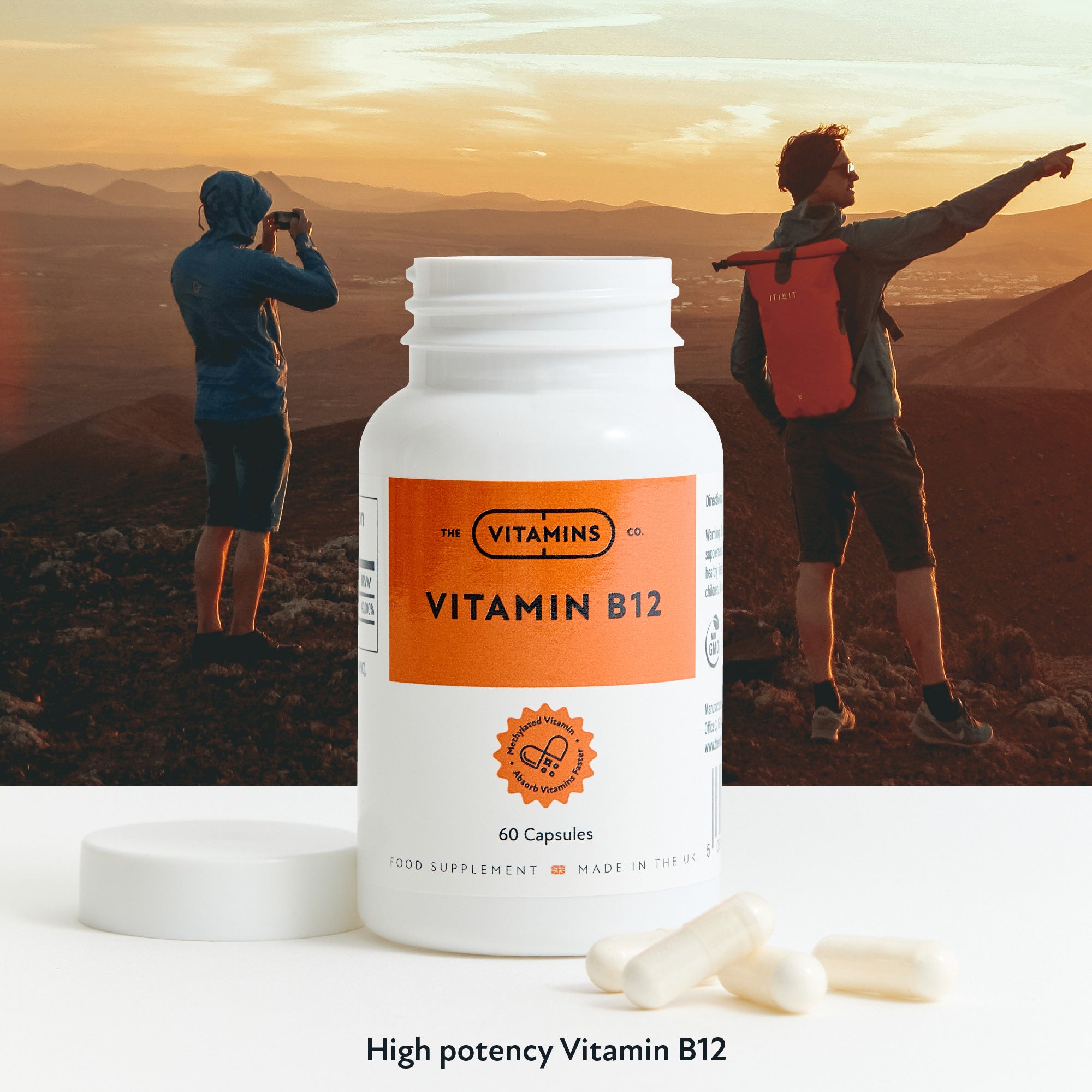Front label of The Vitamins Co Vitamin B12 – methylcobalamin supplement in white plastic bottle