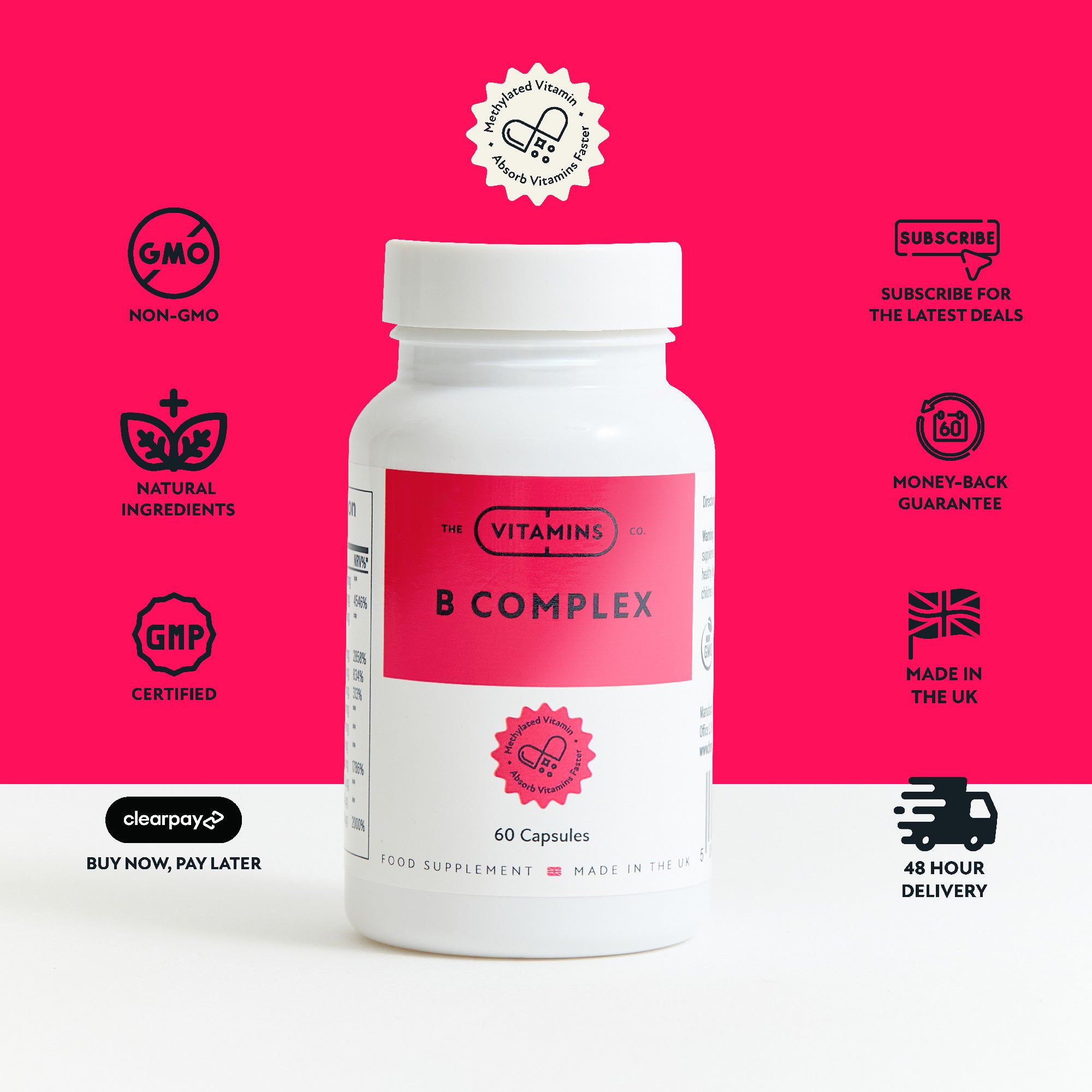 Front of The Vitamins Co B Complex vitamins – methylated B vitamin blend in white plastic bottle