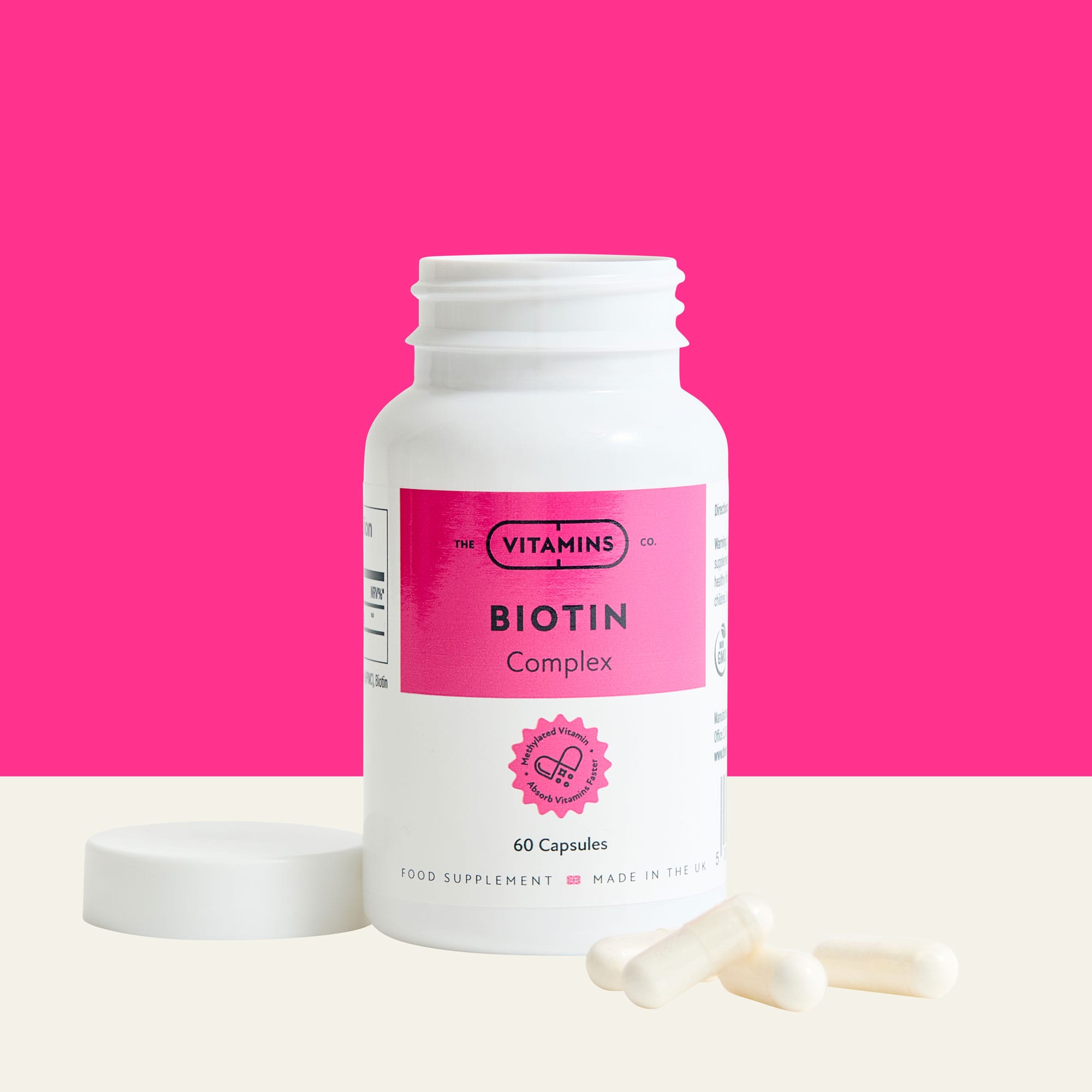 Front label of The Vitamins Co Biotin Complex – biotin supplement for hair, skin, and nails in white plastic bottle