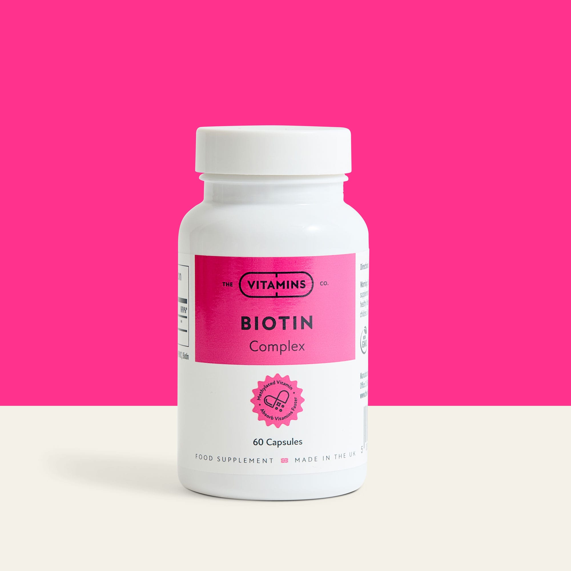 Biotin Complex by The Vitamins Co – high-strength biotin and co-nutrients for hair, skin, and nails in white plastic bottle