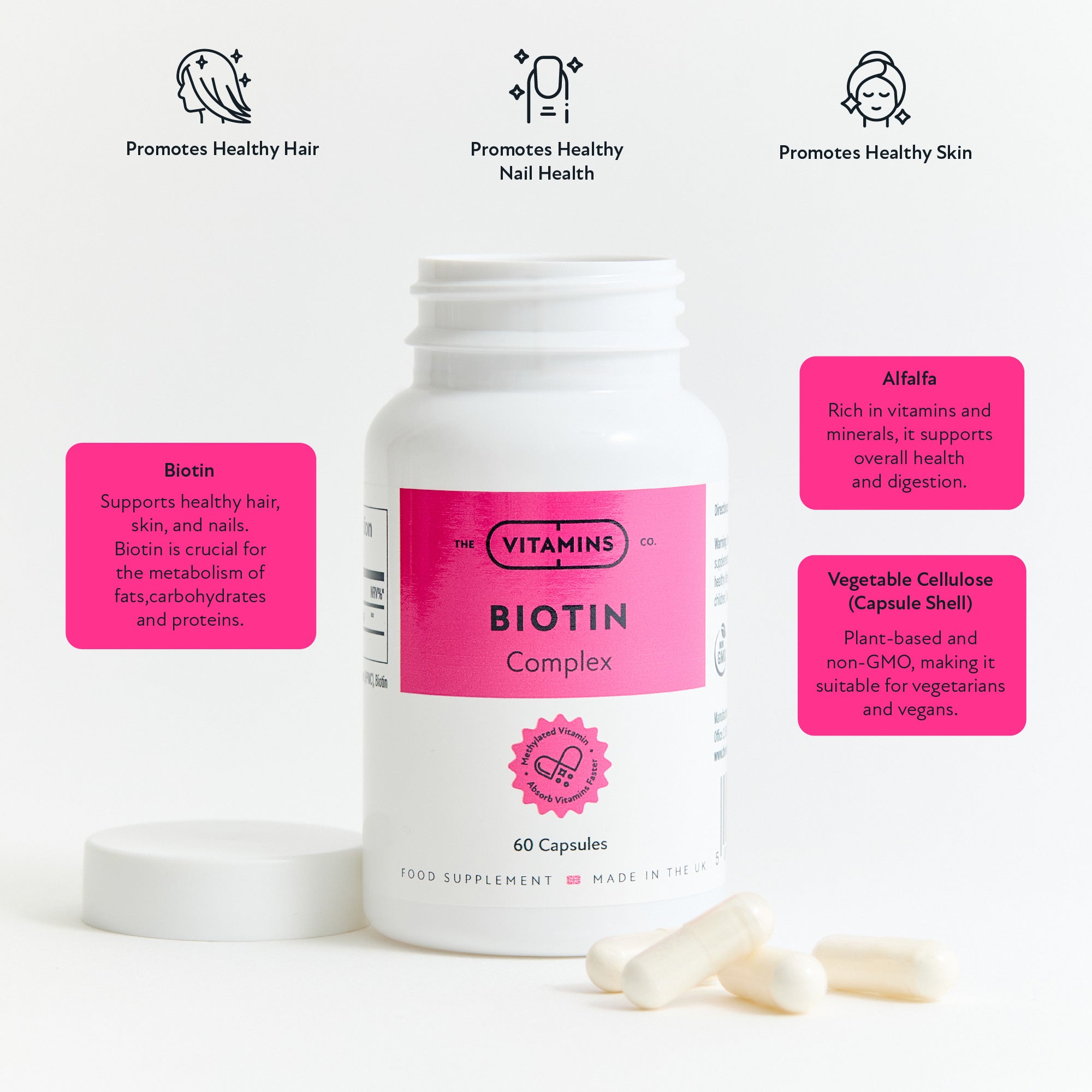 Front label of The Vitamins Co Biotin Complex – biotin supplement for hair, skin, and nails in white plastic bottle