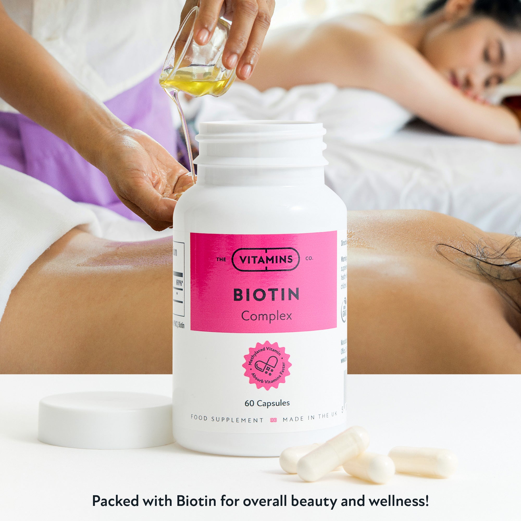 Front label of The Vitamins Co Biotin Complex – biotin supplement for hair, skin, and nails in white plastic bottle