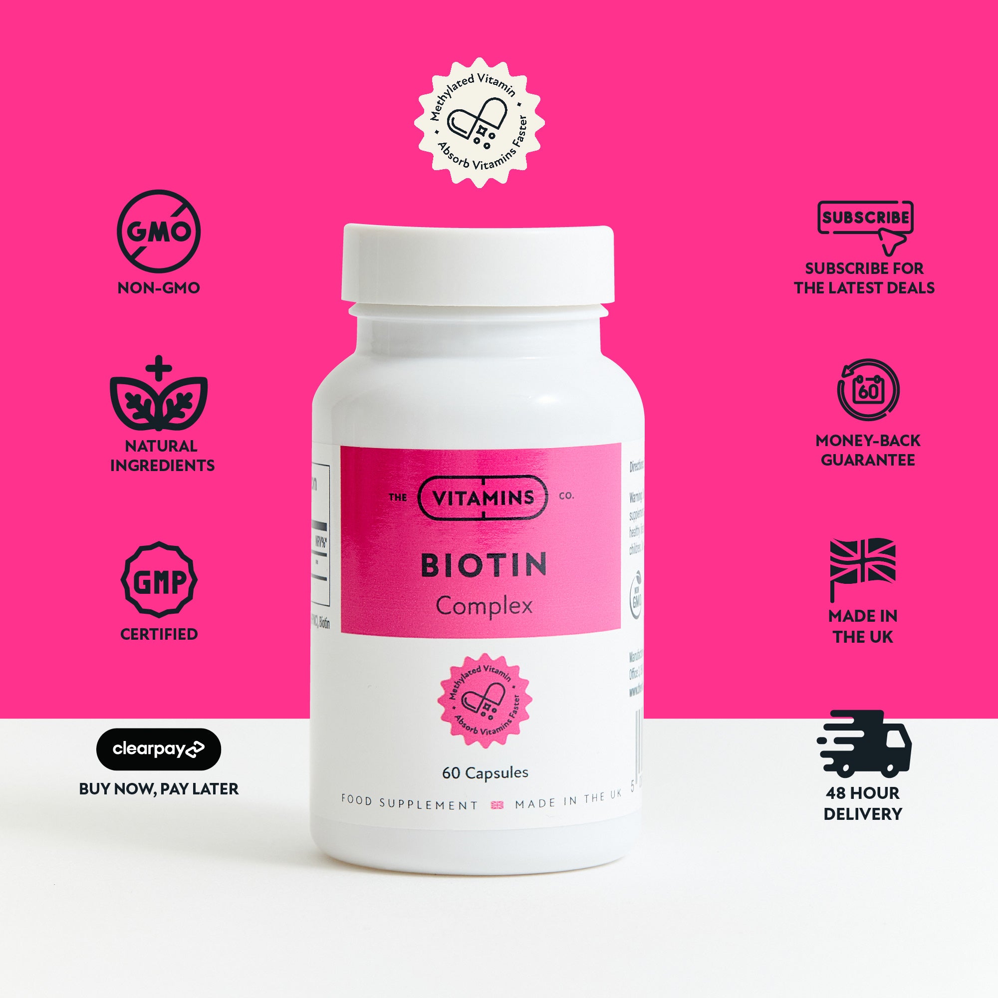 Front label of The Vitamins Co Biotin Complex – biotin supplement for hair, skin, and nails in white plastic bottle