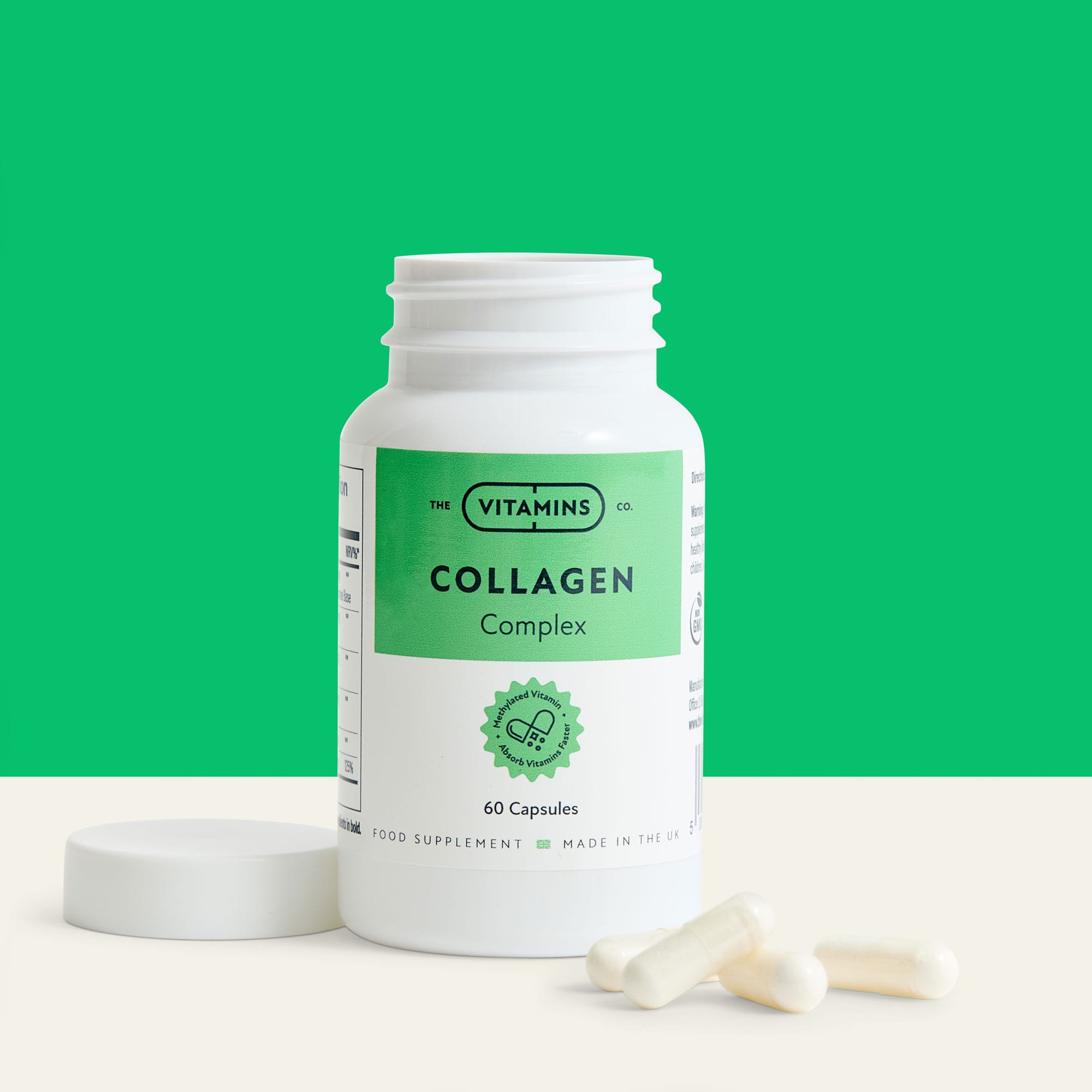 Front of The Vitamins Co Collagen Complex – type I & III collagen with hyaluronic acid in white plastic bottle