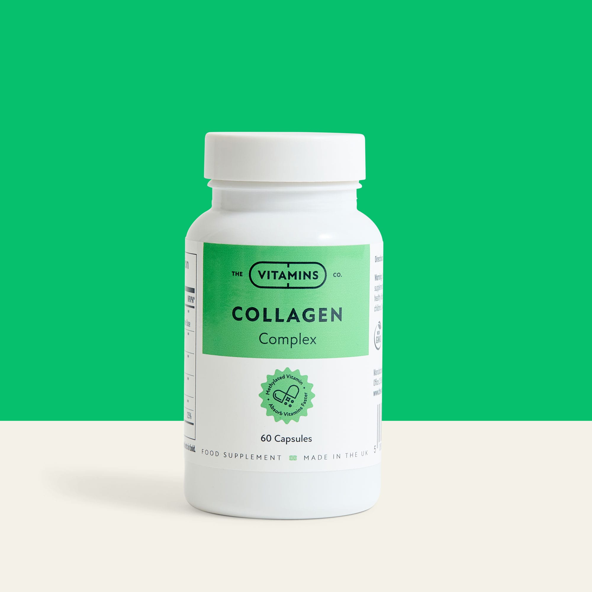 Collagen Complex by The Vitamins Co – hydrolyzed collagen supplement with hyaluronic acid in white plastic bottle