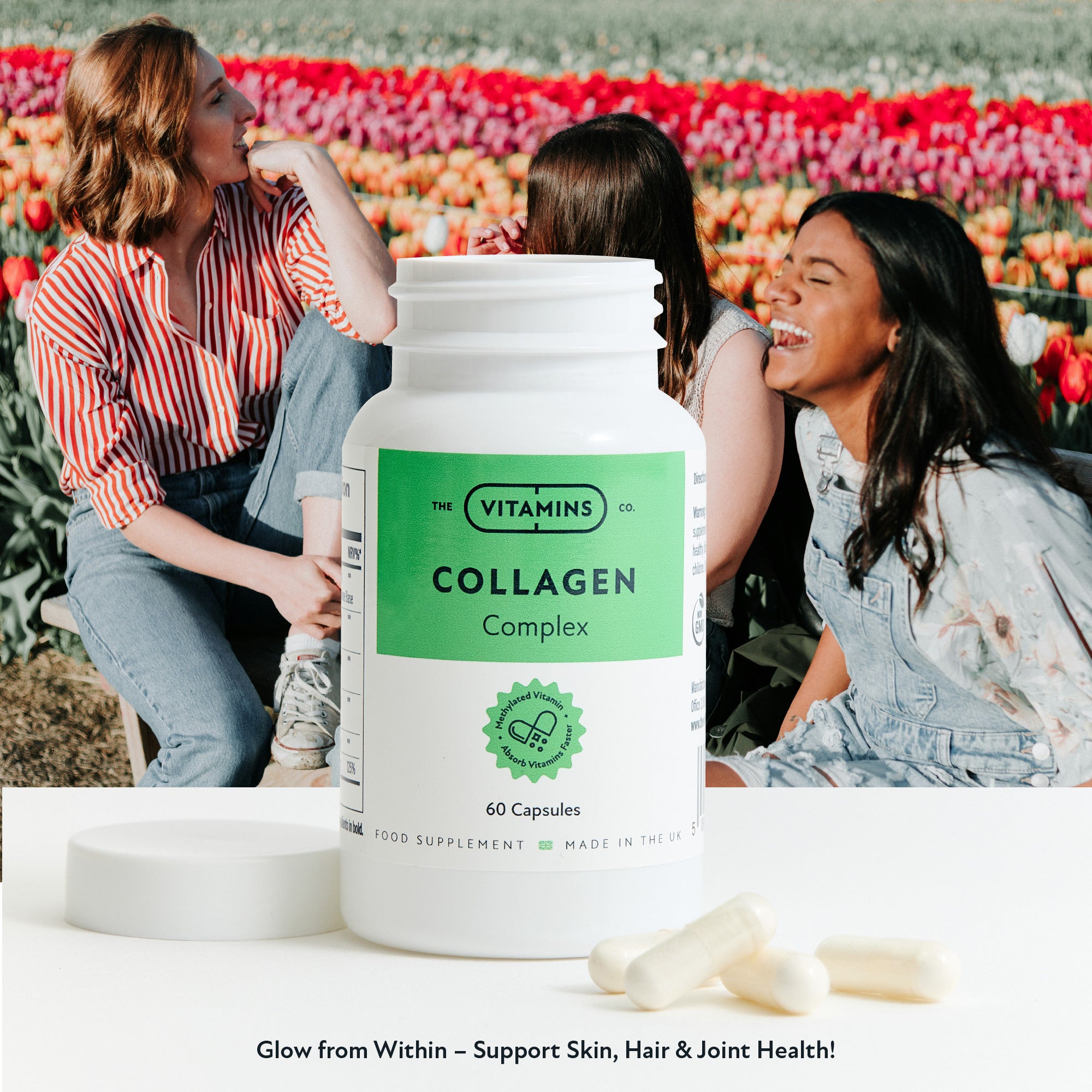 Front of The Vitamins Co Collagen Complex – type I & III collagen with hyaluronic acid in white plastic bottle
