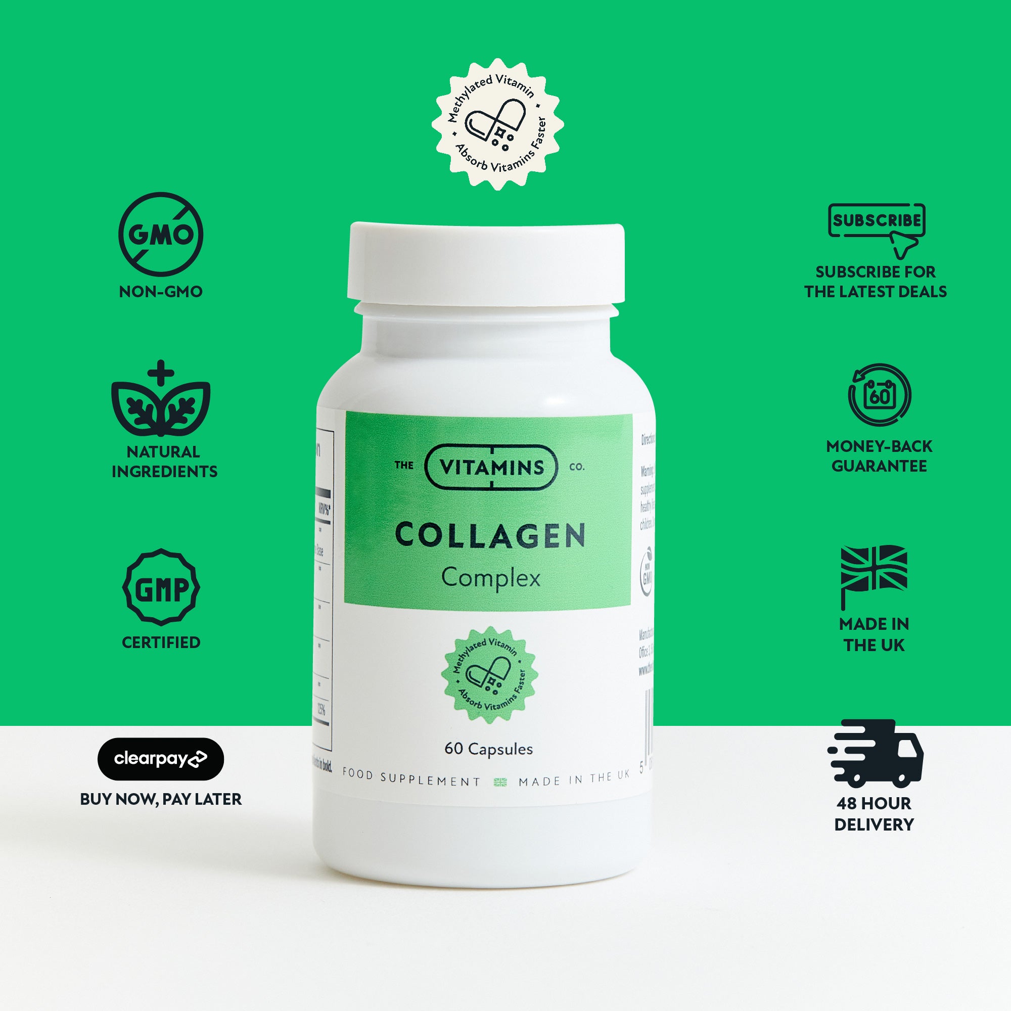 Collagen Complex by The Vitamins Co – hydrolyzed collagen supplement with hyaluronic acid in white plastic bottle