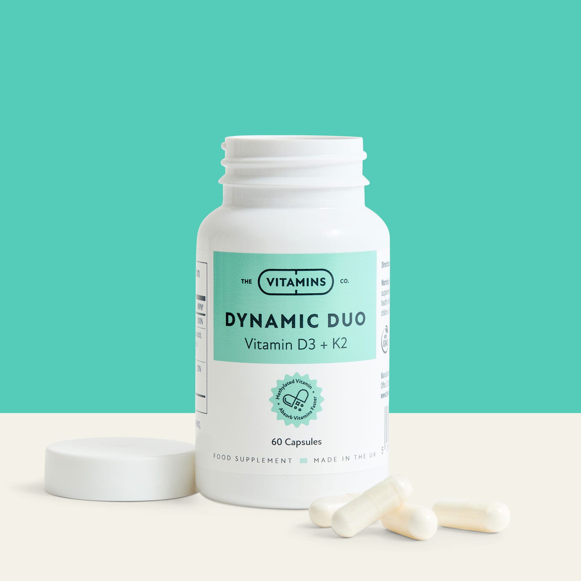 Front label of Dynamic Duo – Vitamin D3 and K2 supplement by The Vitamins Co in white plastic bottle