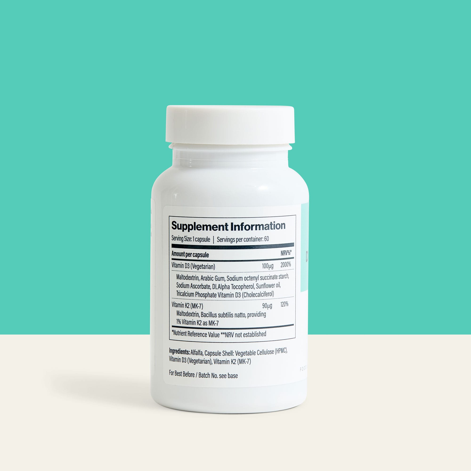 Supplement facts label for Dynamic Duo – Vitamin D3+K2 by The Vitamins Co