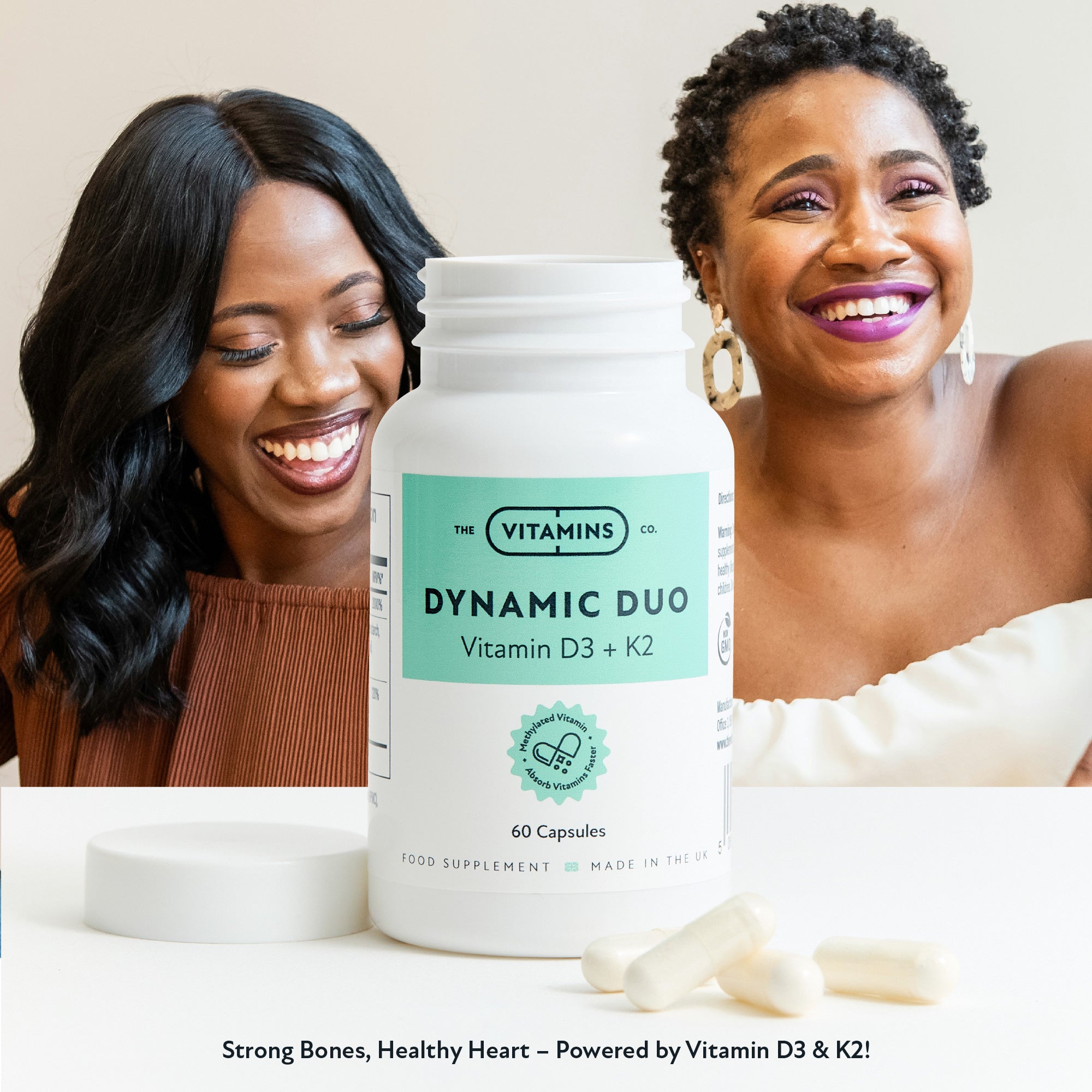 Front label of Dynamic Duo – Vitamin D3 and K2 supplement by The Vitamins Co in white plastic bottle