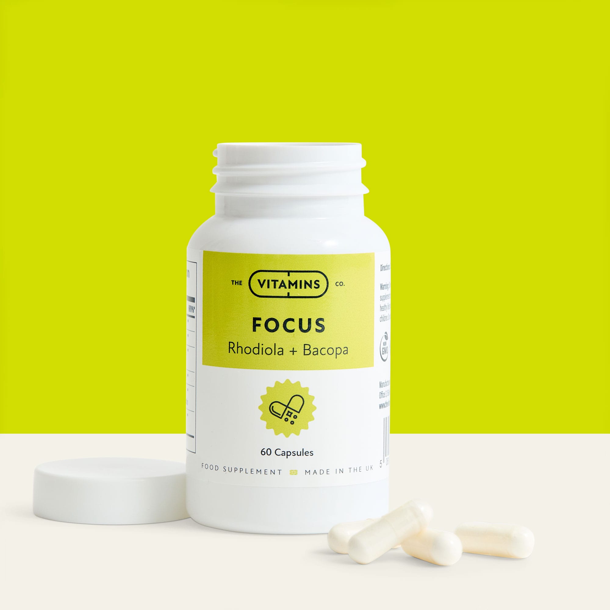 Front label of Focus by The Vitamins Co – cognitive support supplement with Rhodiola and Bacopa in white plastic bottle