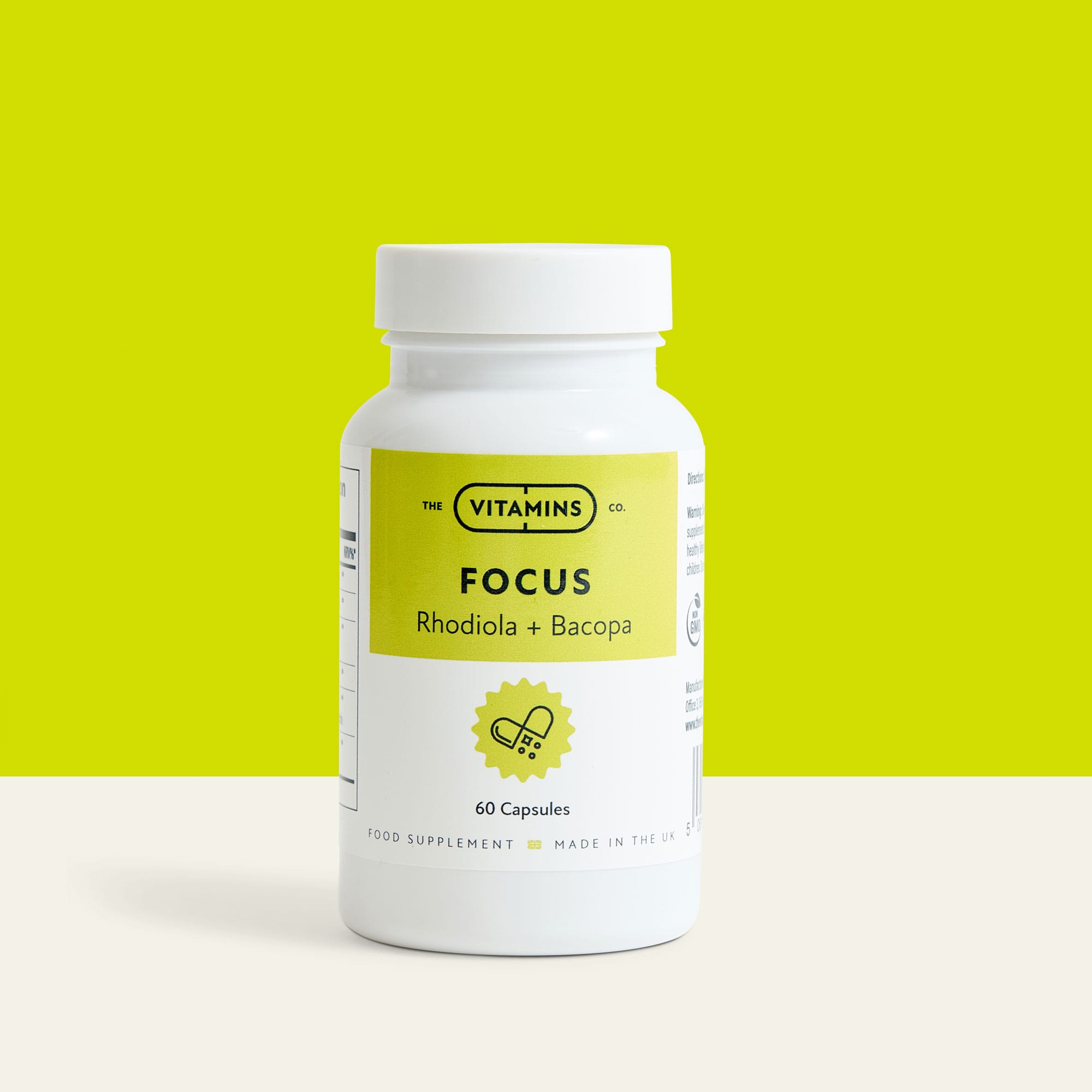 Focus supplement by The Vitamins Co – Rhodiola and Bacopa blend for mental clarity in white plastic bottle