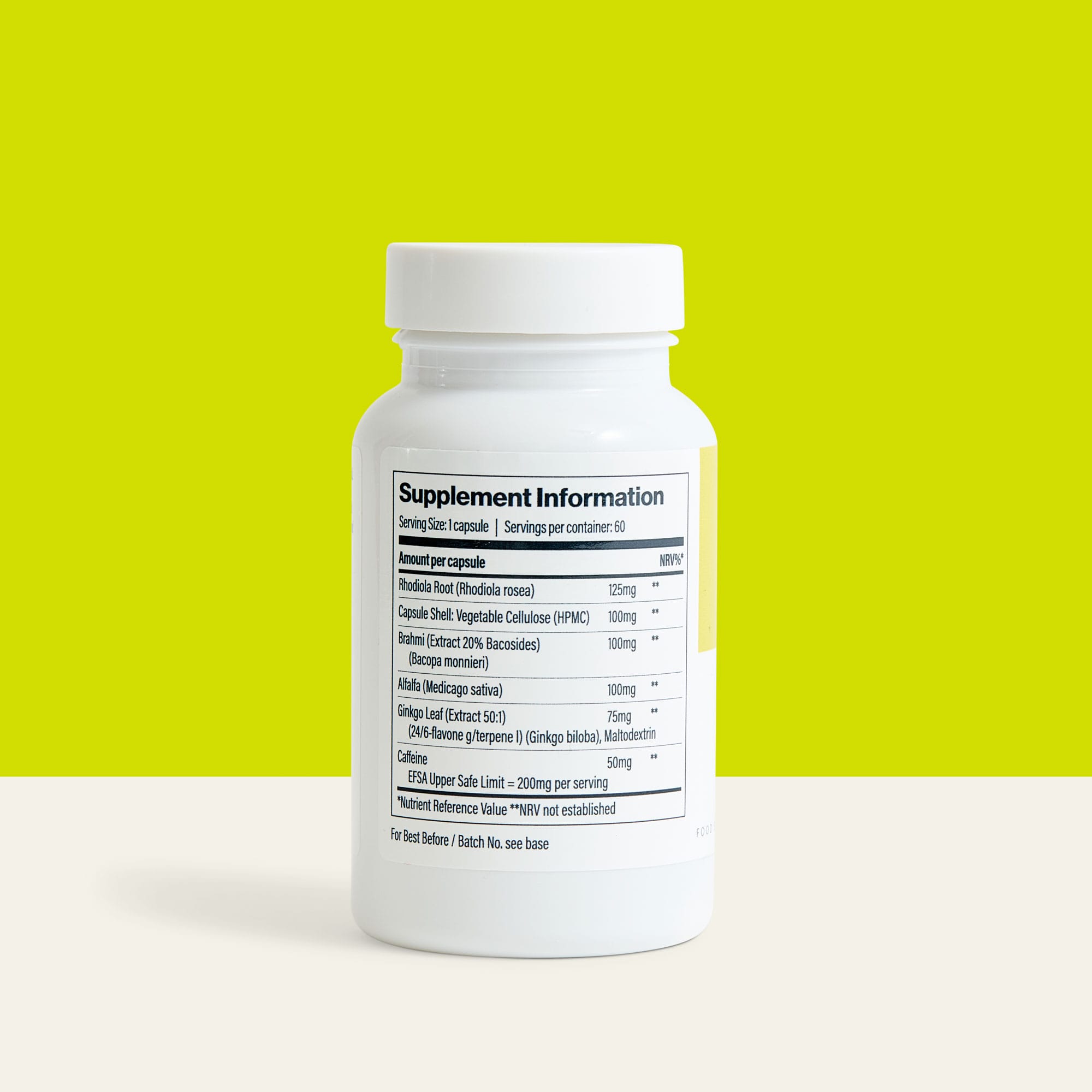 Supplement facts label for Focus Rhodiola and Bacopa by The Vitamins Co