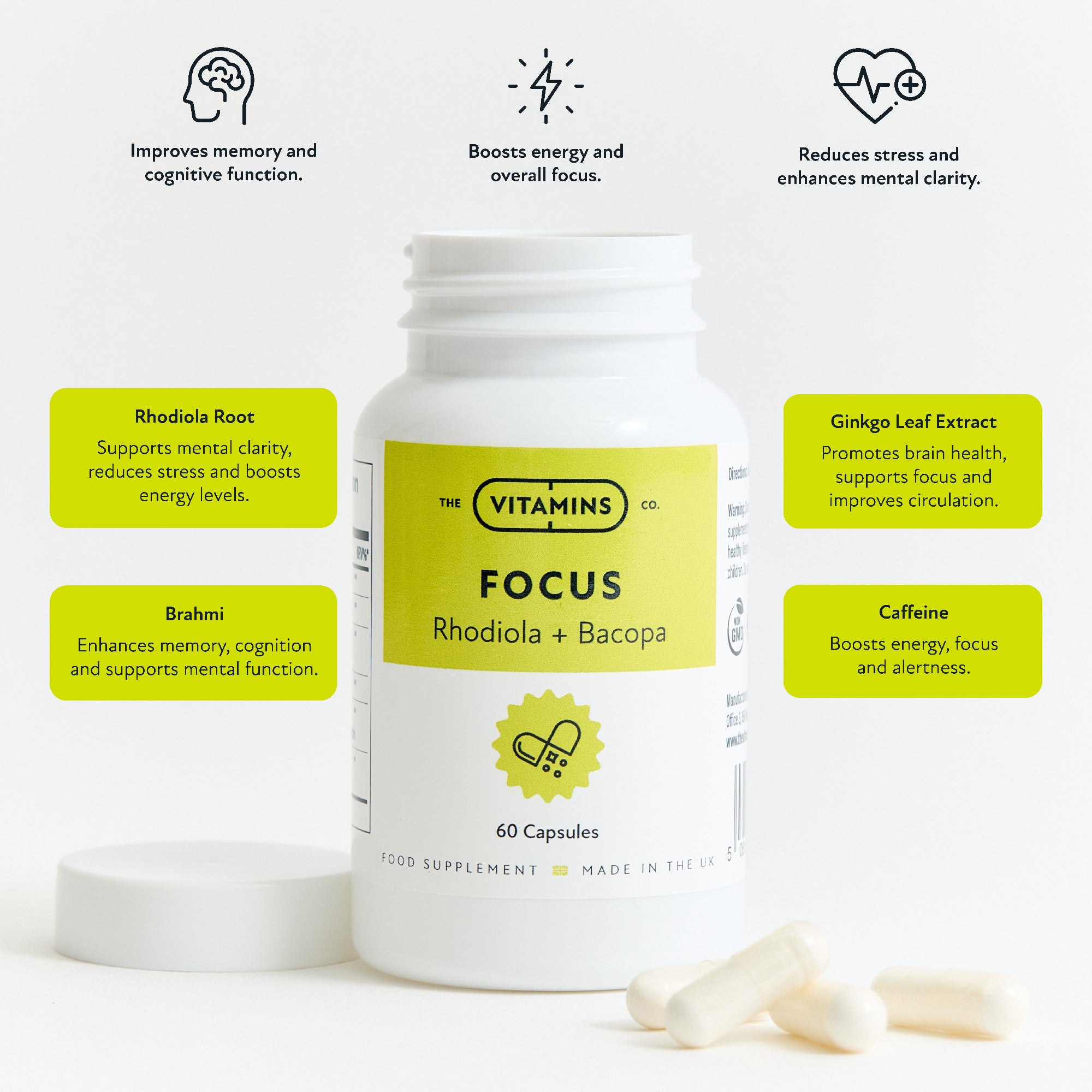 Supplement facts label for Focus Rhodiola and Bacopa by The Vitamins Co