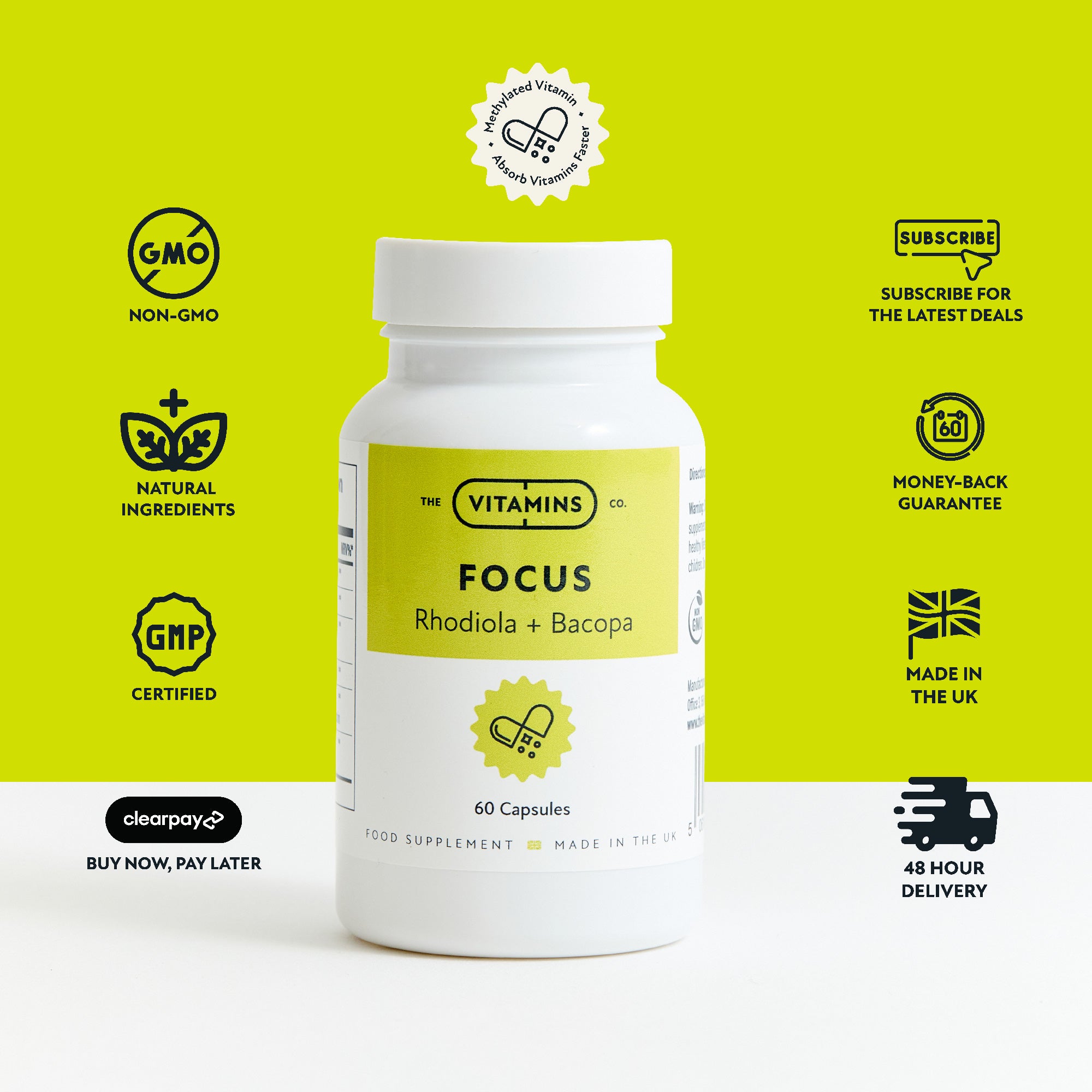 Focus supplement by The Vitamins Co – Rhodiola and Bacopa blend for mental clarity in white plastic bottle