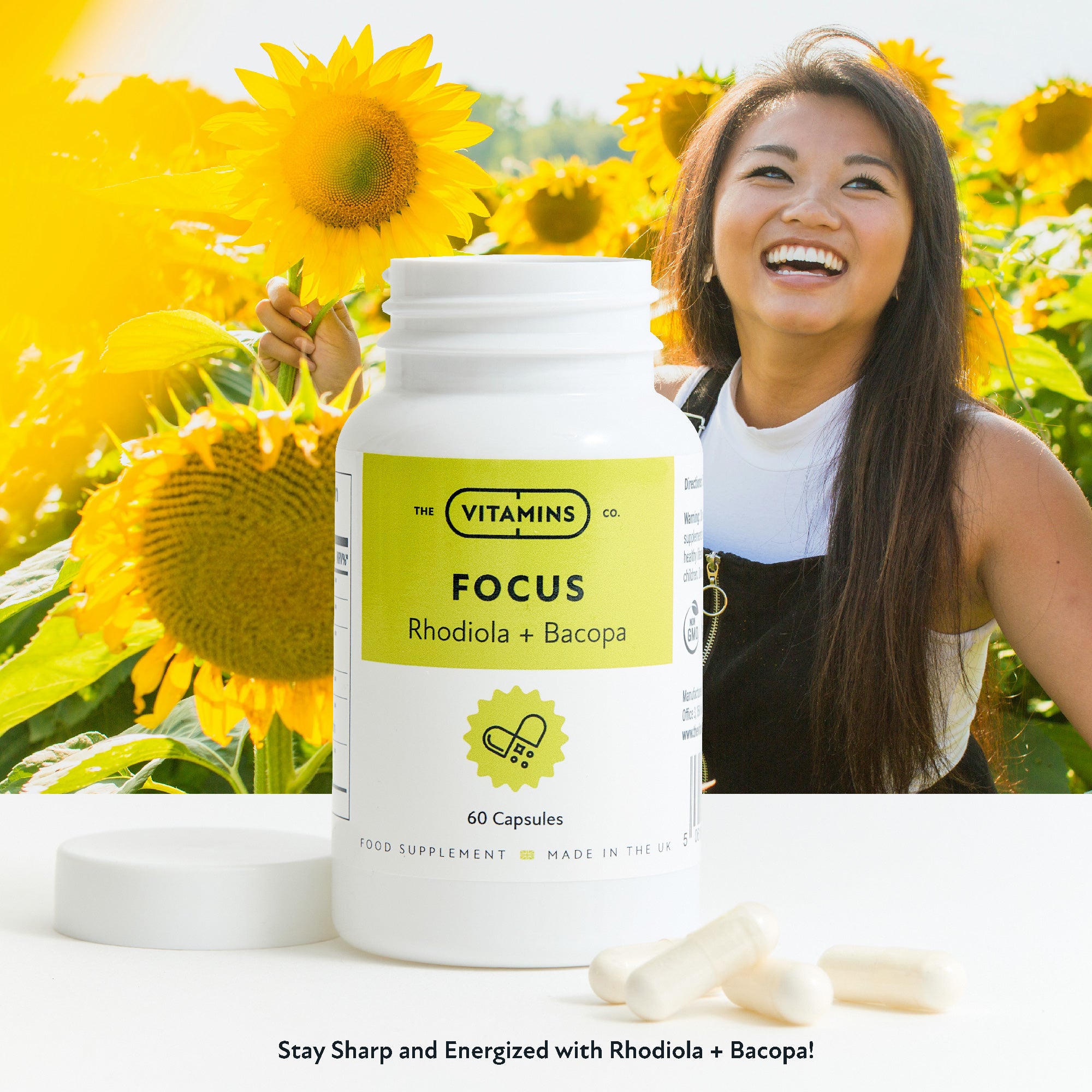 Focus by The Vitamins Co woman in background with flowers – natural focus and clarity support