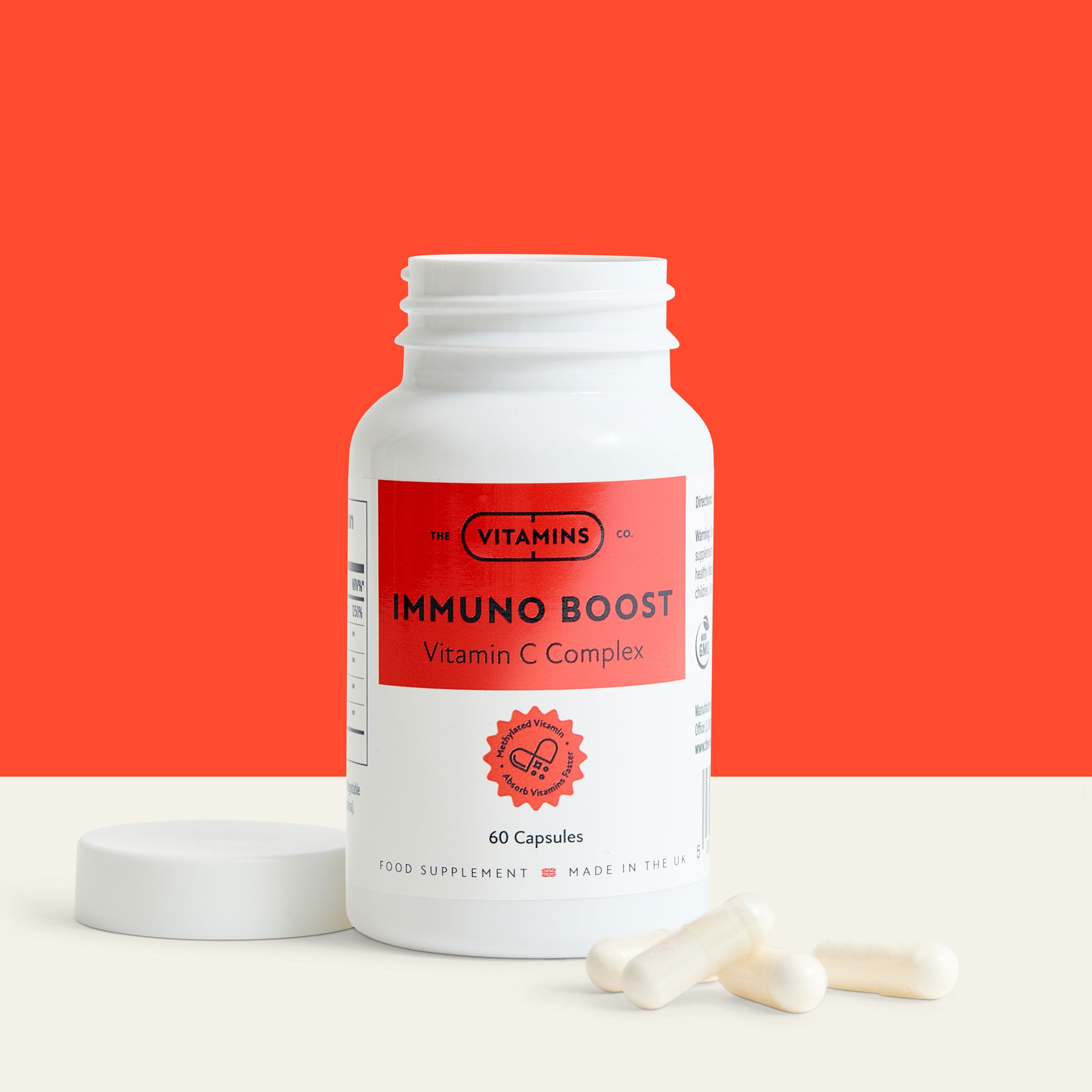 Front label of ImmunoBoost – Vitamin C Complex by The Vitamins Co in white plastic bottle