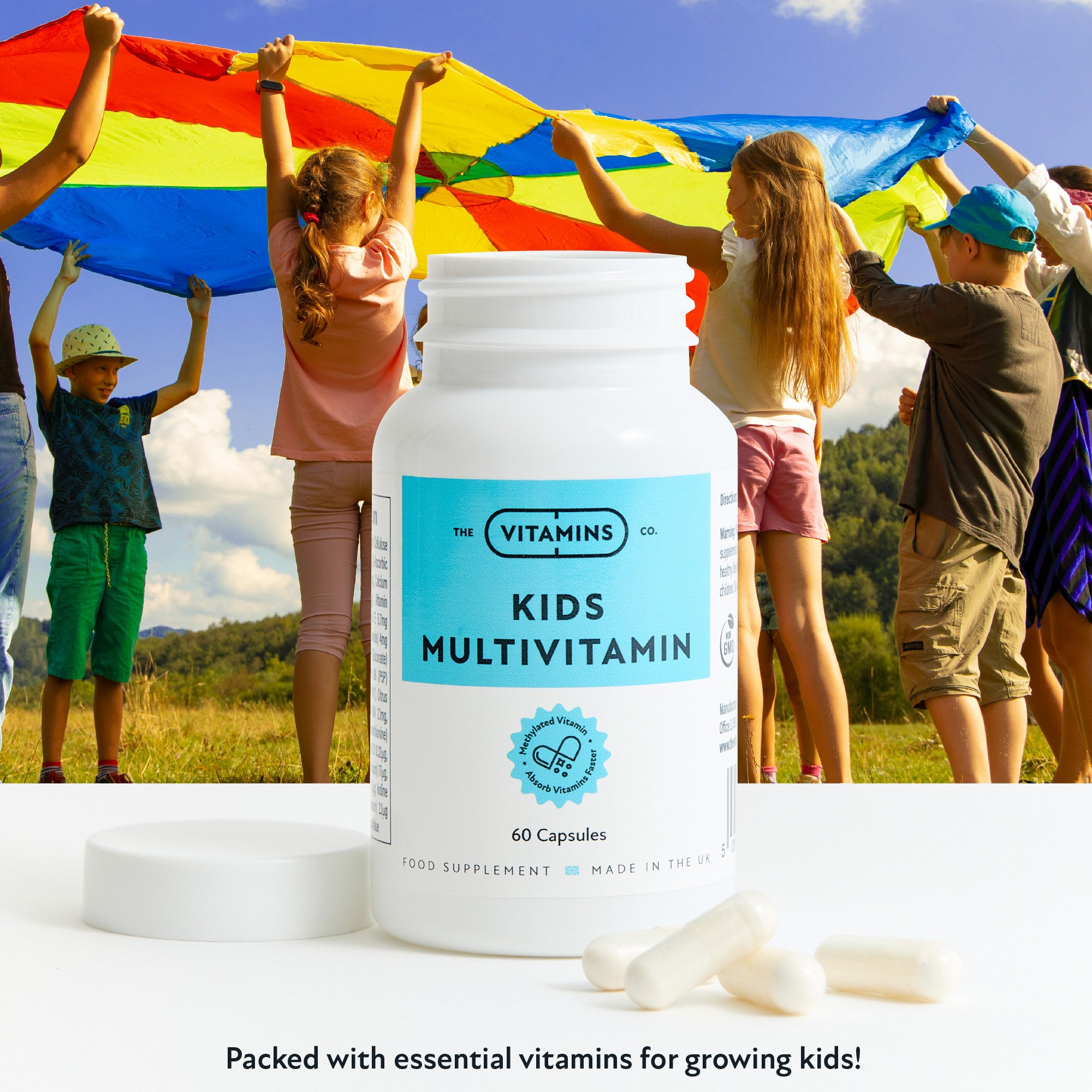 Kids Multivitamin by The Vitamins Co on kitchen table