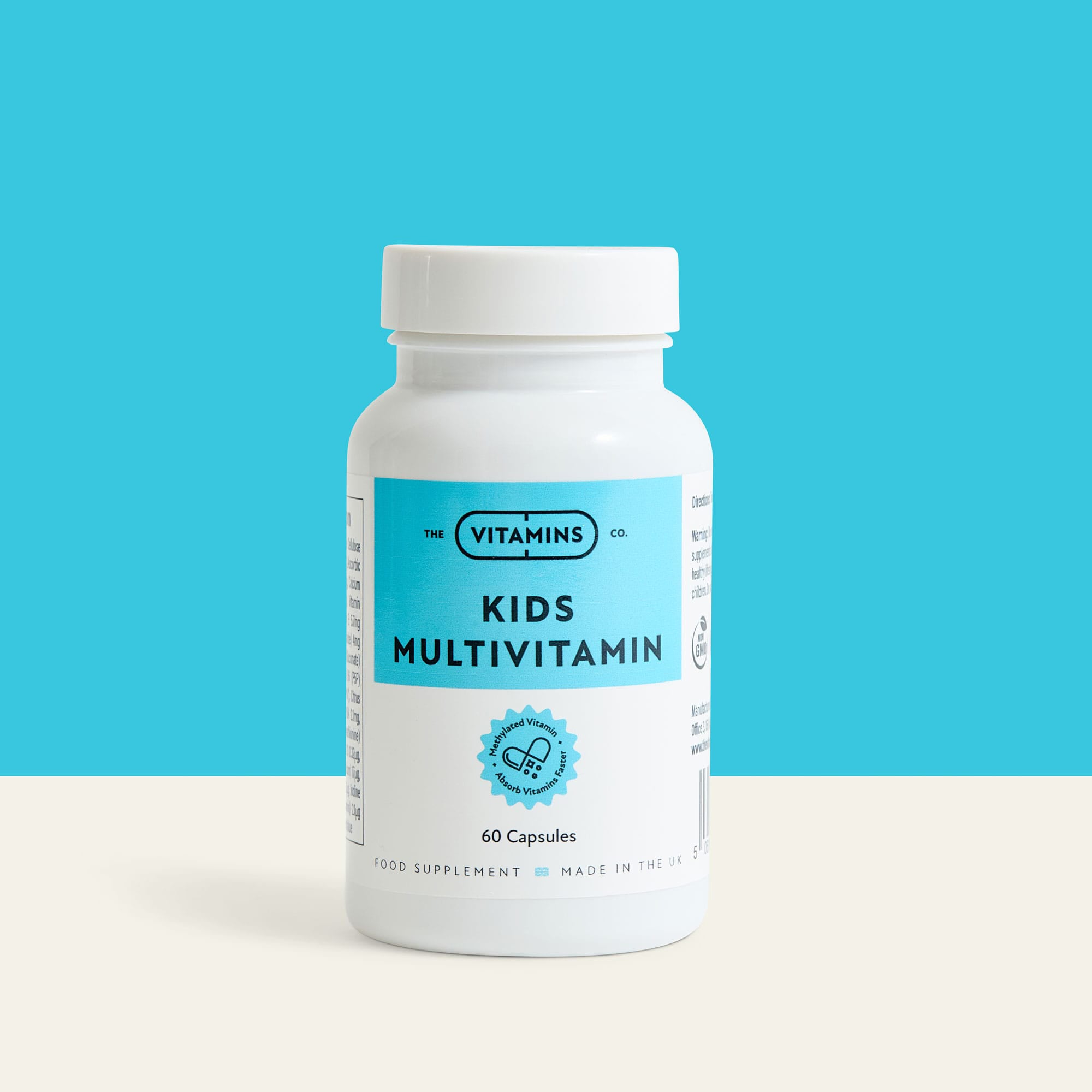Kids Multivitamin by The Vitamins Co – daily nutritional support for children in white plastic bottle