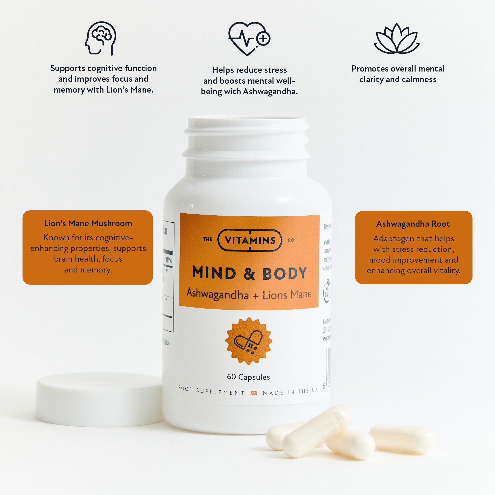 Ashwagandha and Lion’s Mane supplement by The Vitamins Co – dual adaptogenic support in white plastic bottle