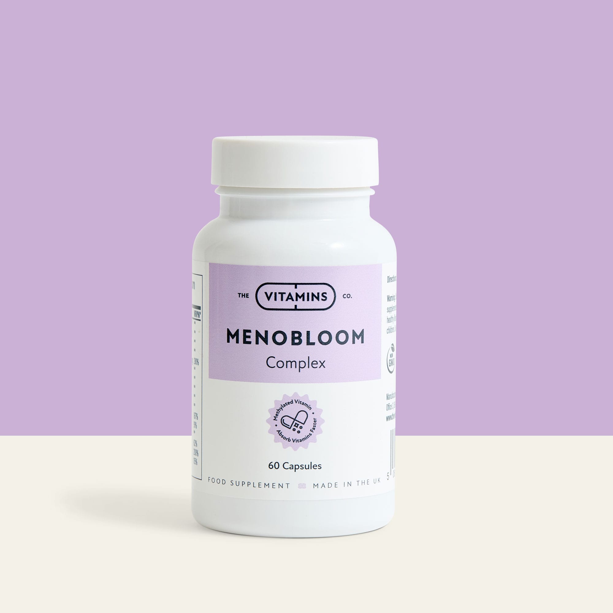 Menobloom by The Vitamins Co – natural menopause support supplement in white plastic bottle