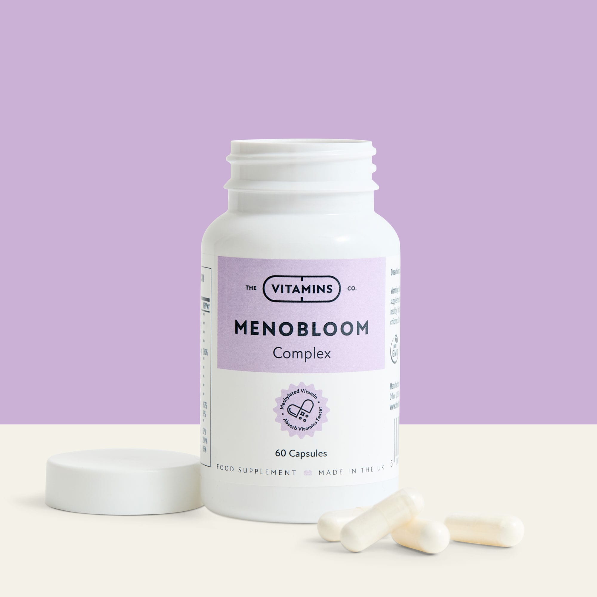 Front label of Menobloom by The Vitamins Co – herbal menopause supplement in white plastic bottle