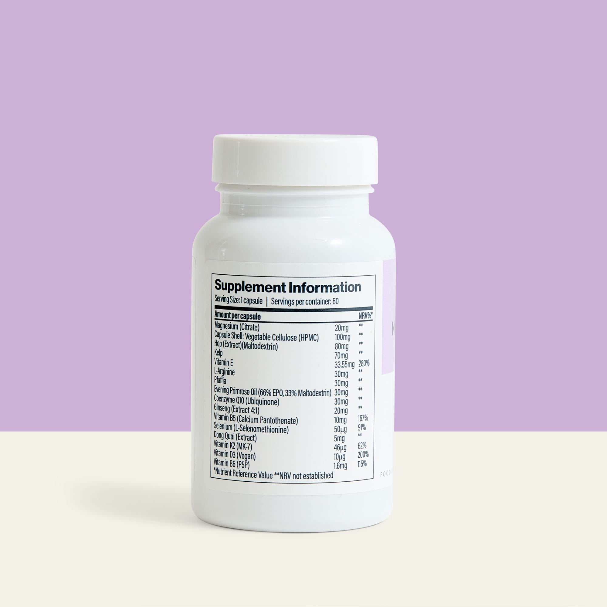 Supplement facts label for Menobloom menopause supplement by The Vitamins Co