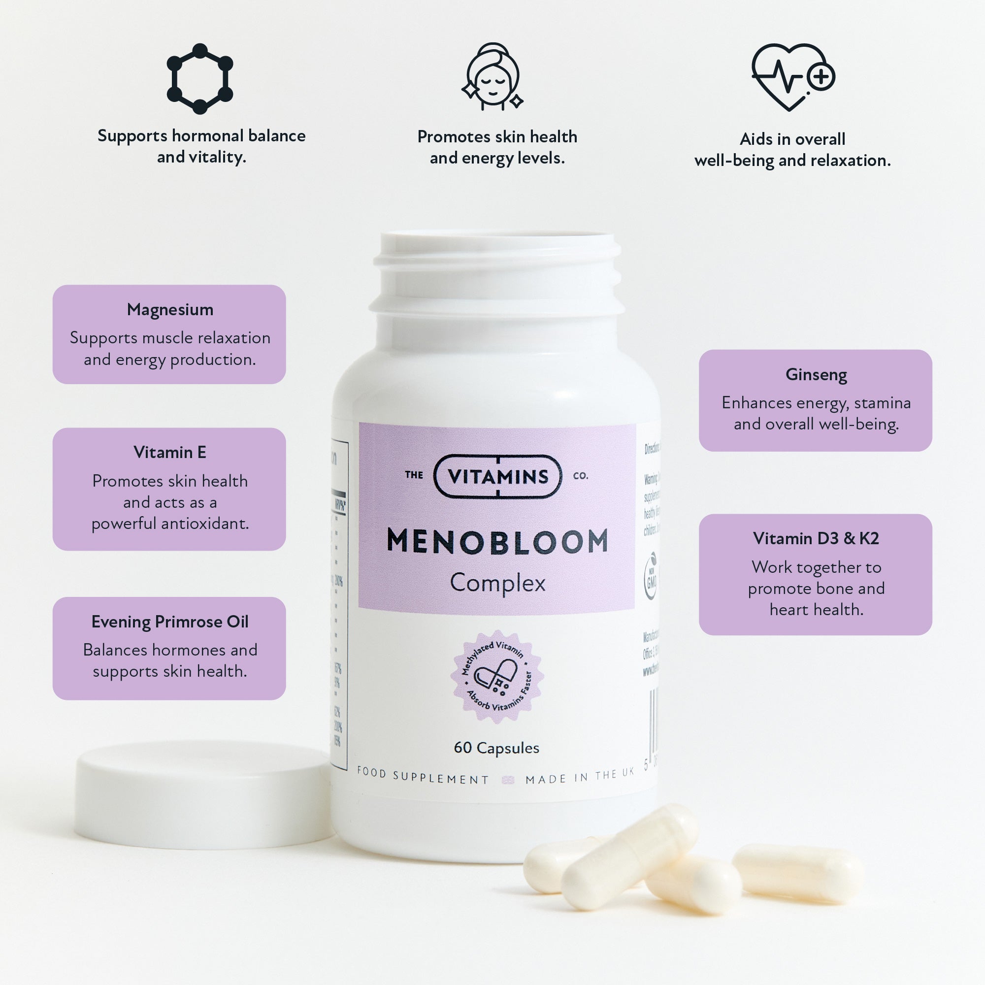 Supplement facts label for Menobloom menopause supplement by The Vitamins Co