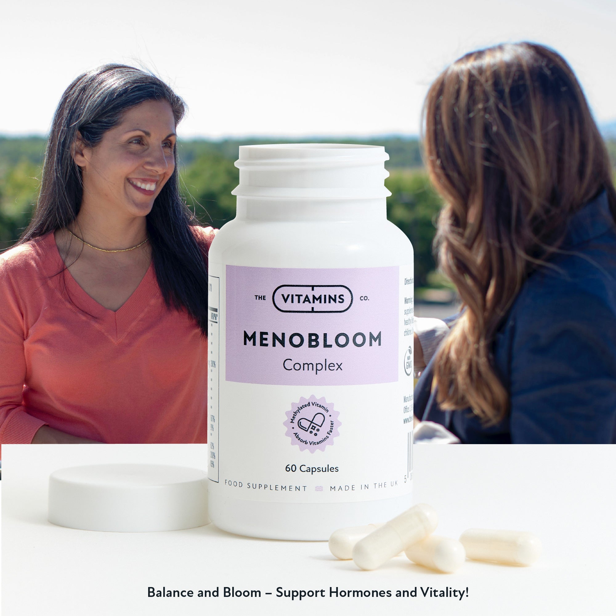 Front label of Menobloom by The Vitamins Co – herbal menopause supplement in white plastic bottle