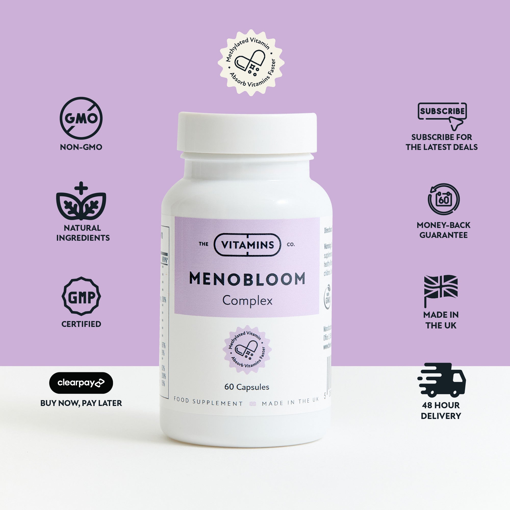 Menobloom by The Vitamins Co – natural menopause support supplement in white plastic bottle