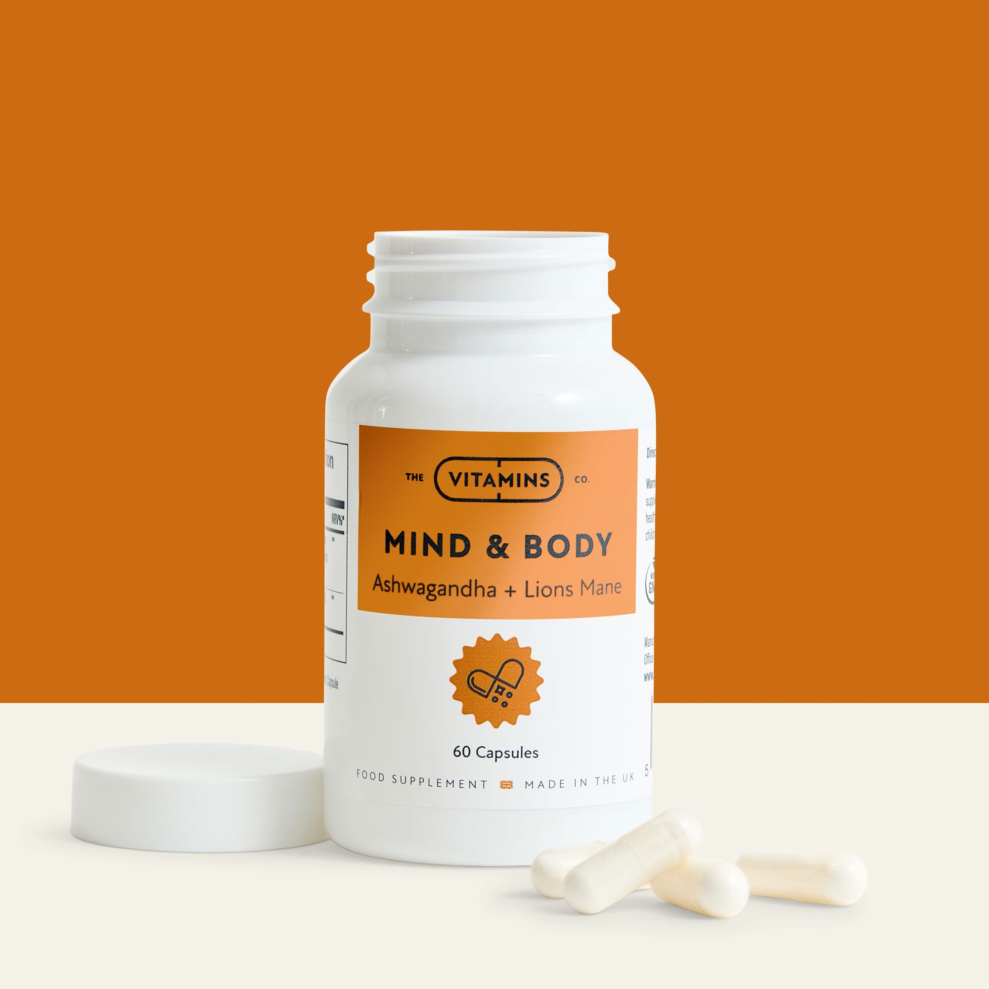 Ashwagandha and Lion’s Mane supplement by The Vitamins Co – dual adaptogenic support in white plastic bottle