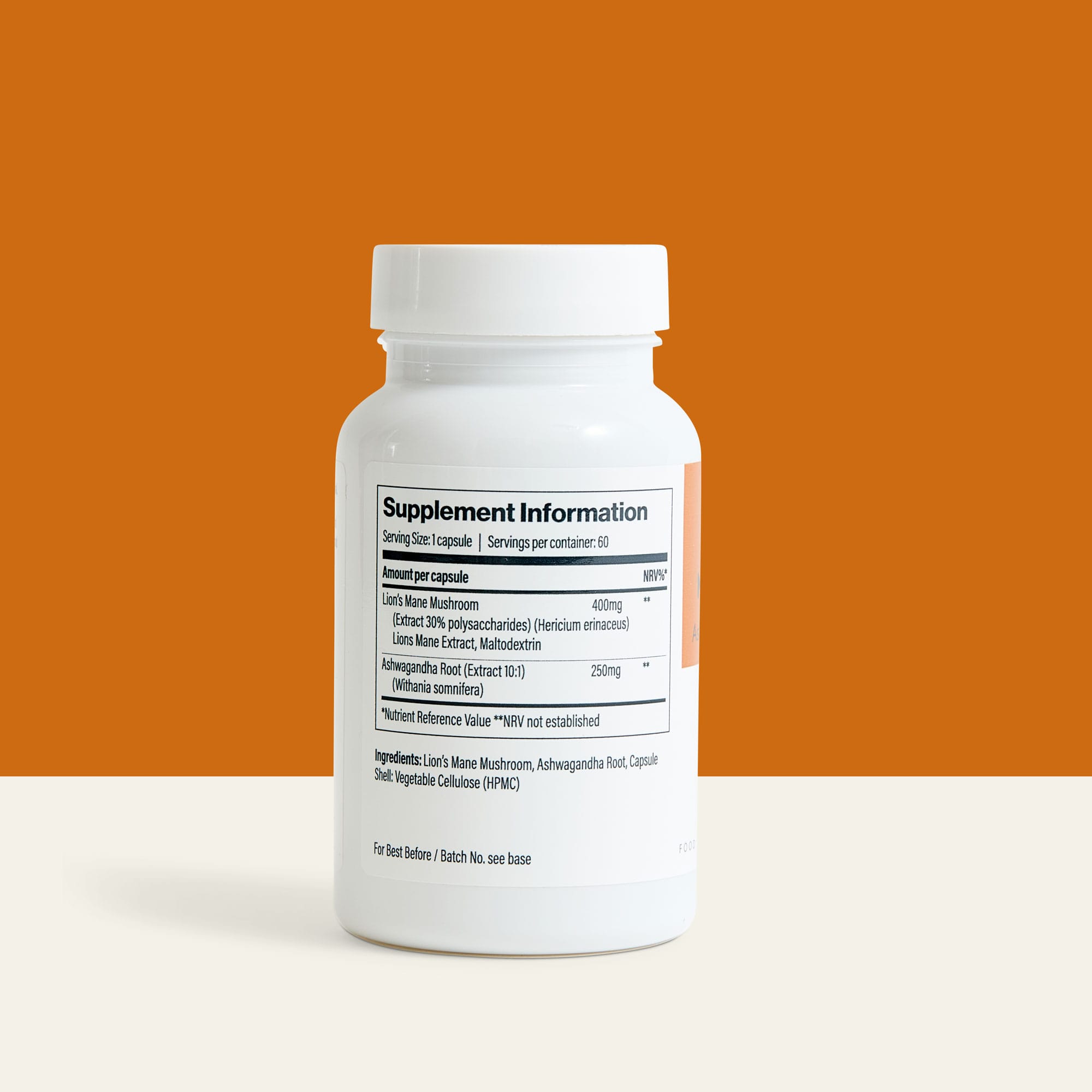 Supplement facts label for Ashwagandha and Lion’s Mane by The Vitamins Co