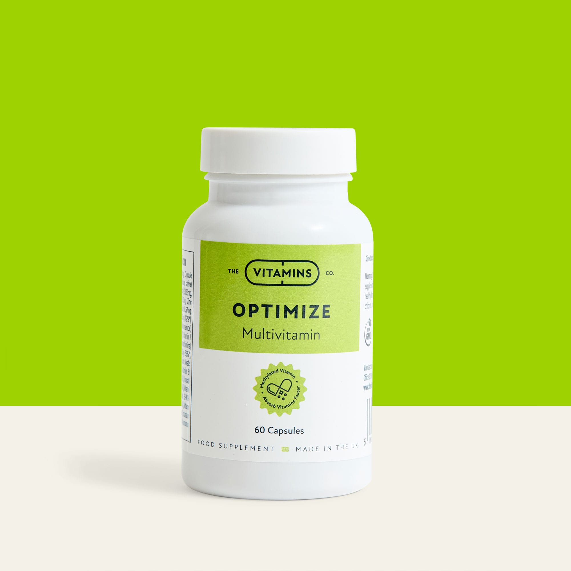 Optimize Methylated Multivitamin by The Vitamins Co – advanced daily supplement with active B vitamins in white plastic bottle