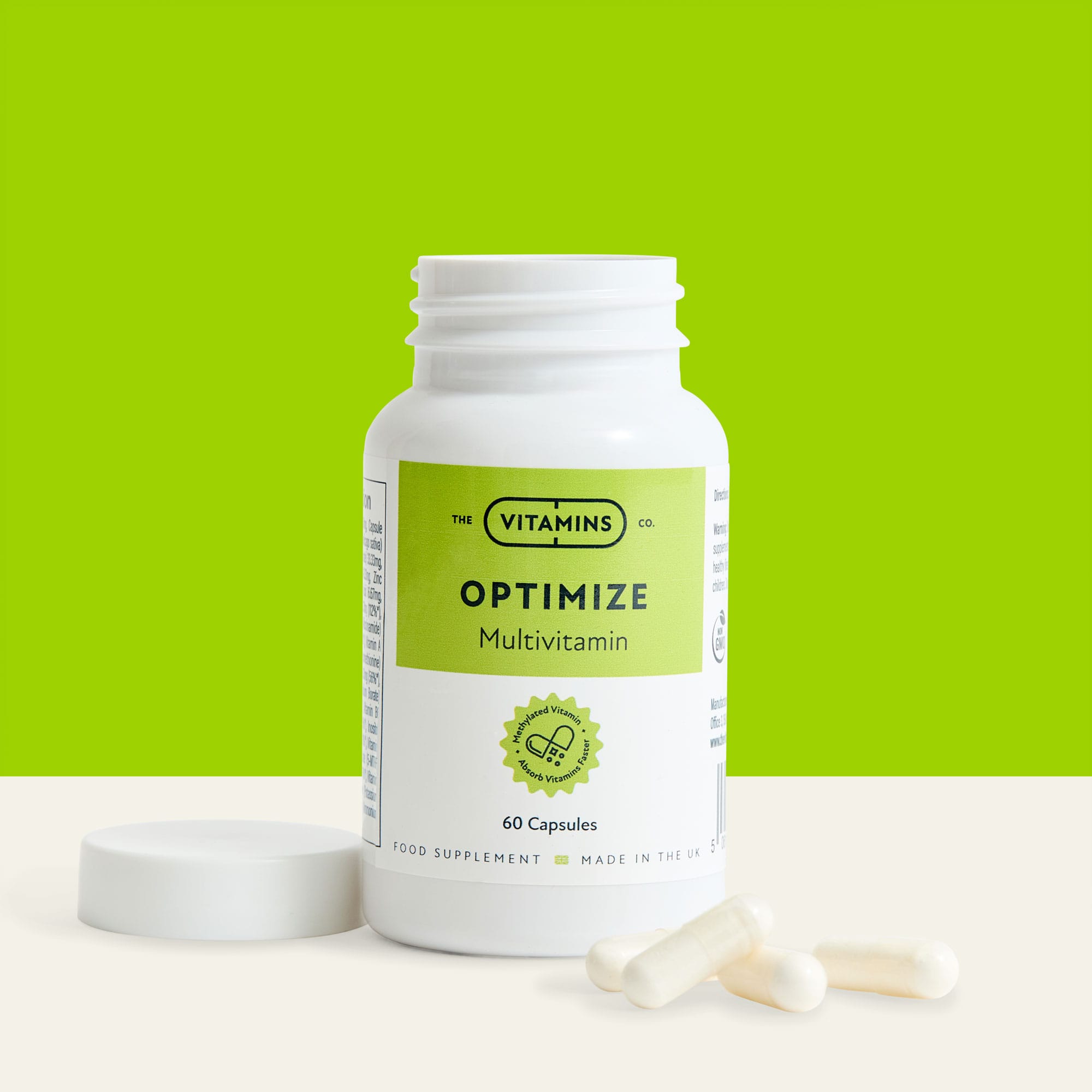 Front label of Optimize Methylated Multivitamin by The Vitamins Co – complete daily formula with methylated nutrients in white plastic bottle