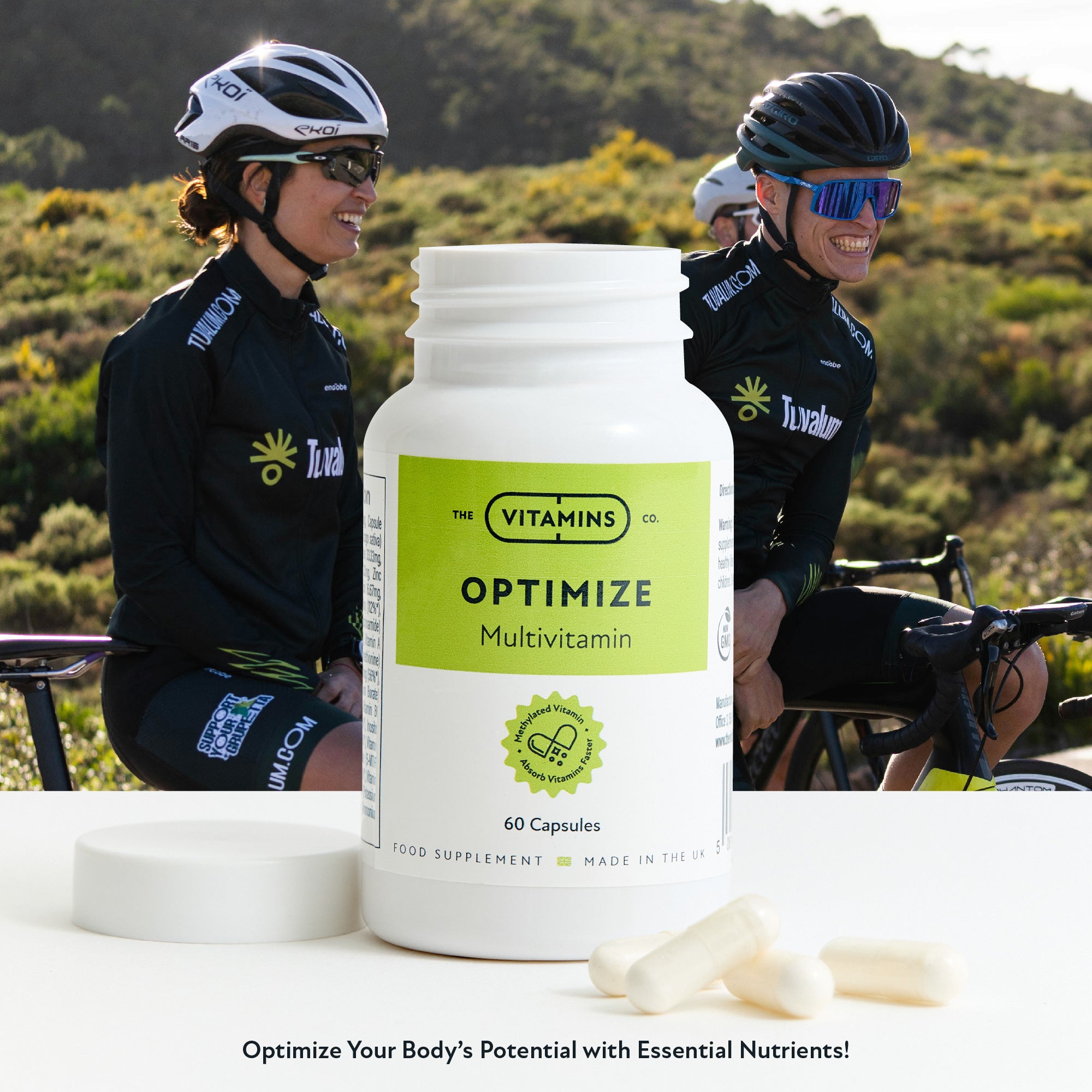 Front label of Optimize Methylated Multivitamin by The Vitamins Co – complete daily formula with methylated nutrients in white plastic bottle