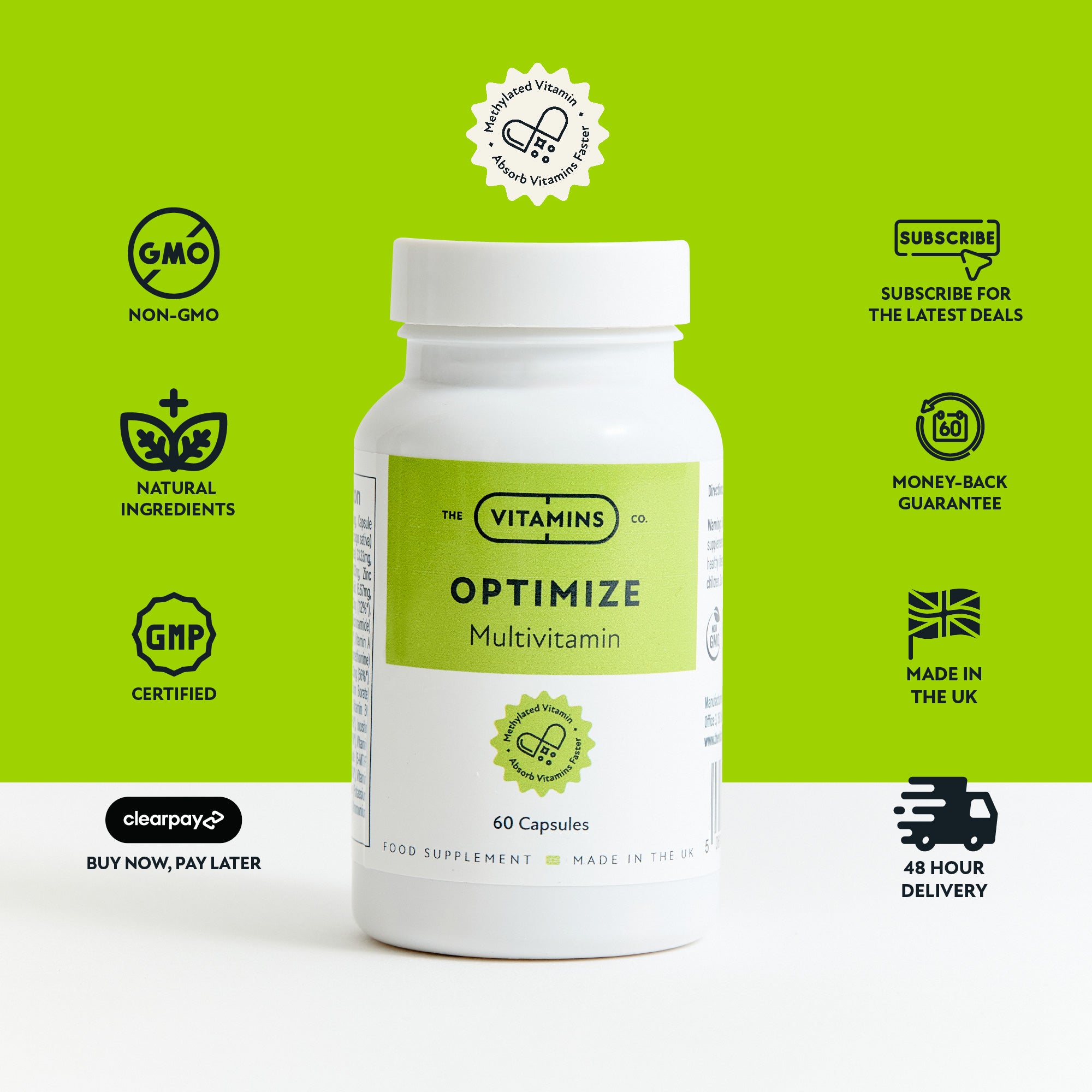 Optimize Methylated Multivitamin by The Vitamins Co – advanced daily supplement with active B vitamins in white plastic bottle