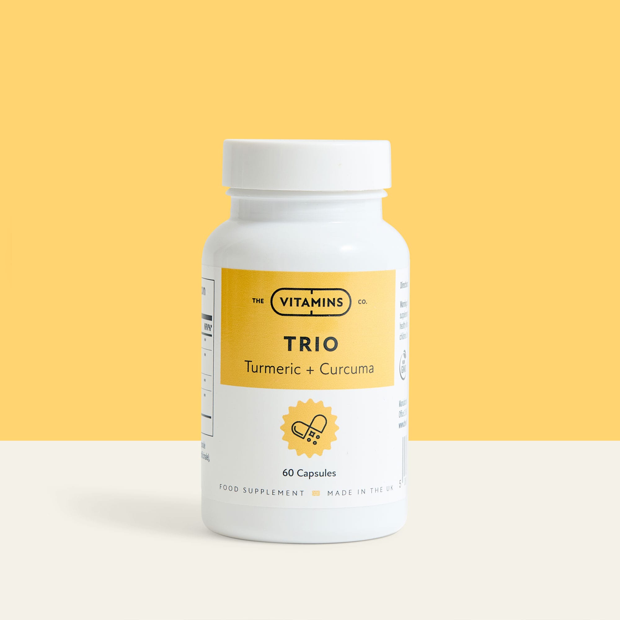 Trio – Turmeric and Curcuma supplement by The Vitamins Co for inflammation and joint support in white plastic bottle