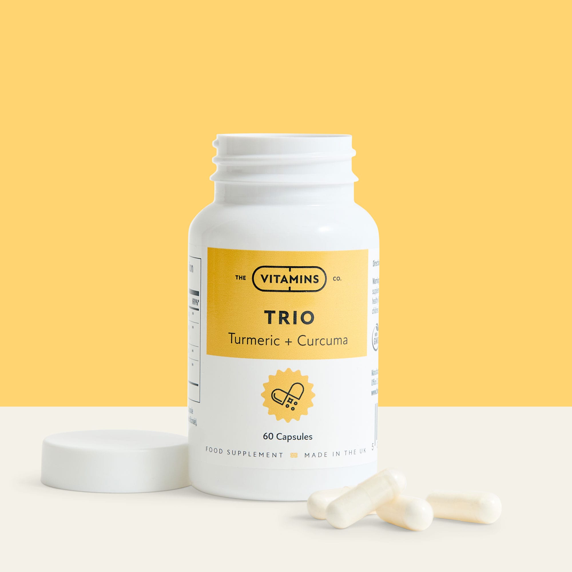 Front label of Trio – Turmeric and Curcuma supplement by The Vitamins Co in white plastic bottle