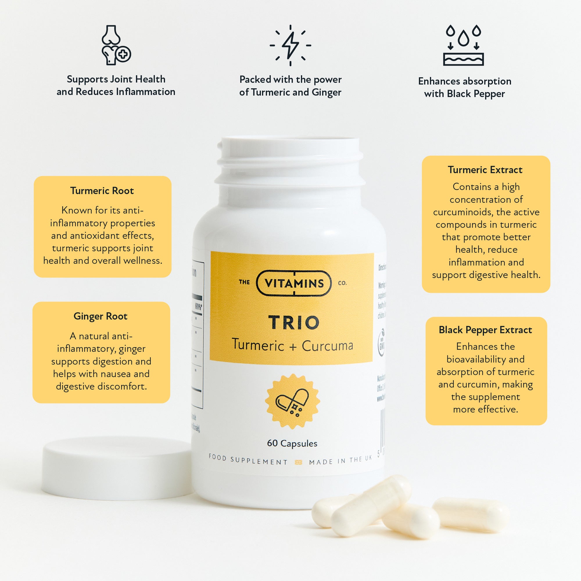 Supplement facts label for Trio – Turmeric + Curcuma supplement by The Vitamins Co
