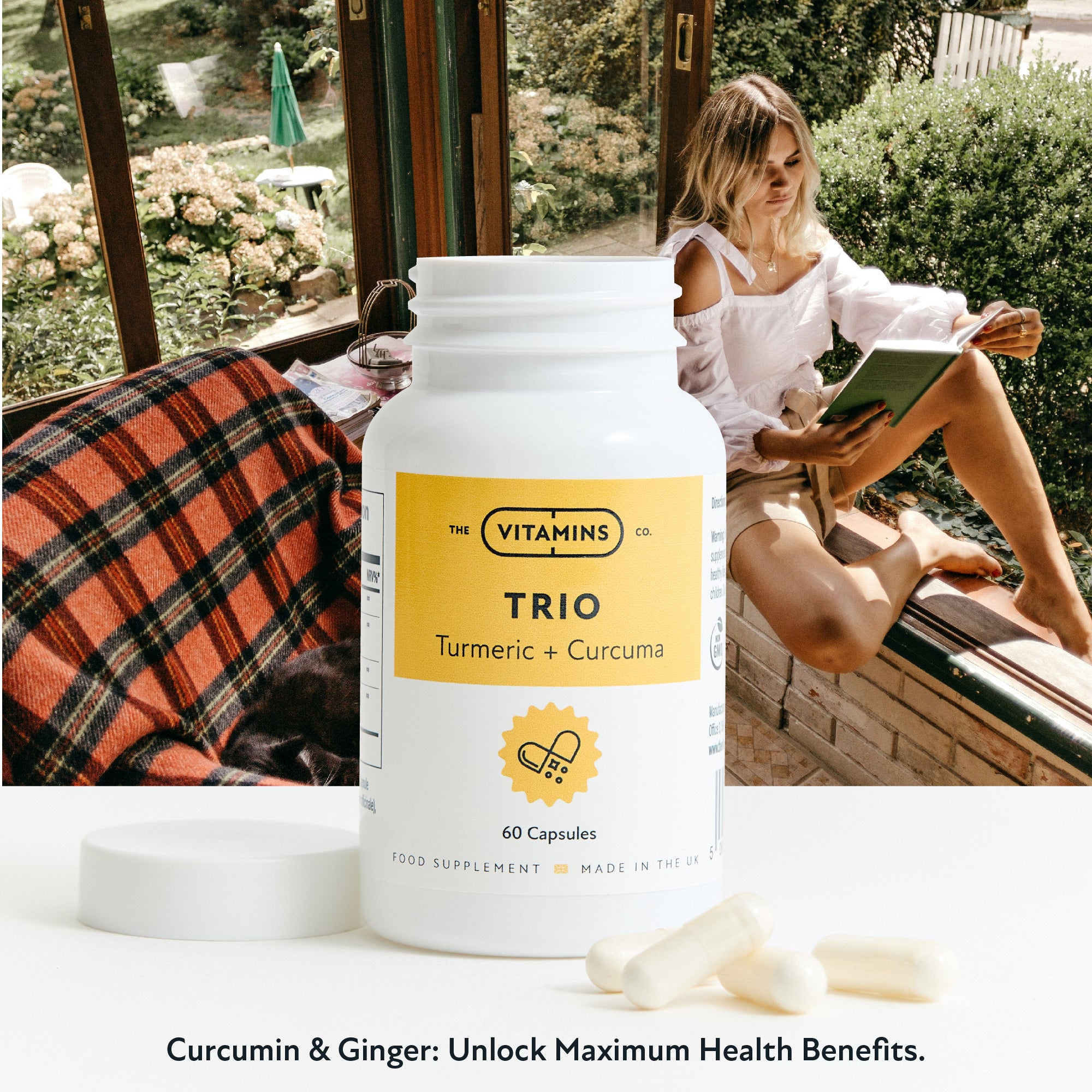 Front label of Trio – Turmeric and Curcuma supplement by The Vitamins Co in white plastic bottle