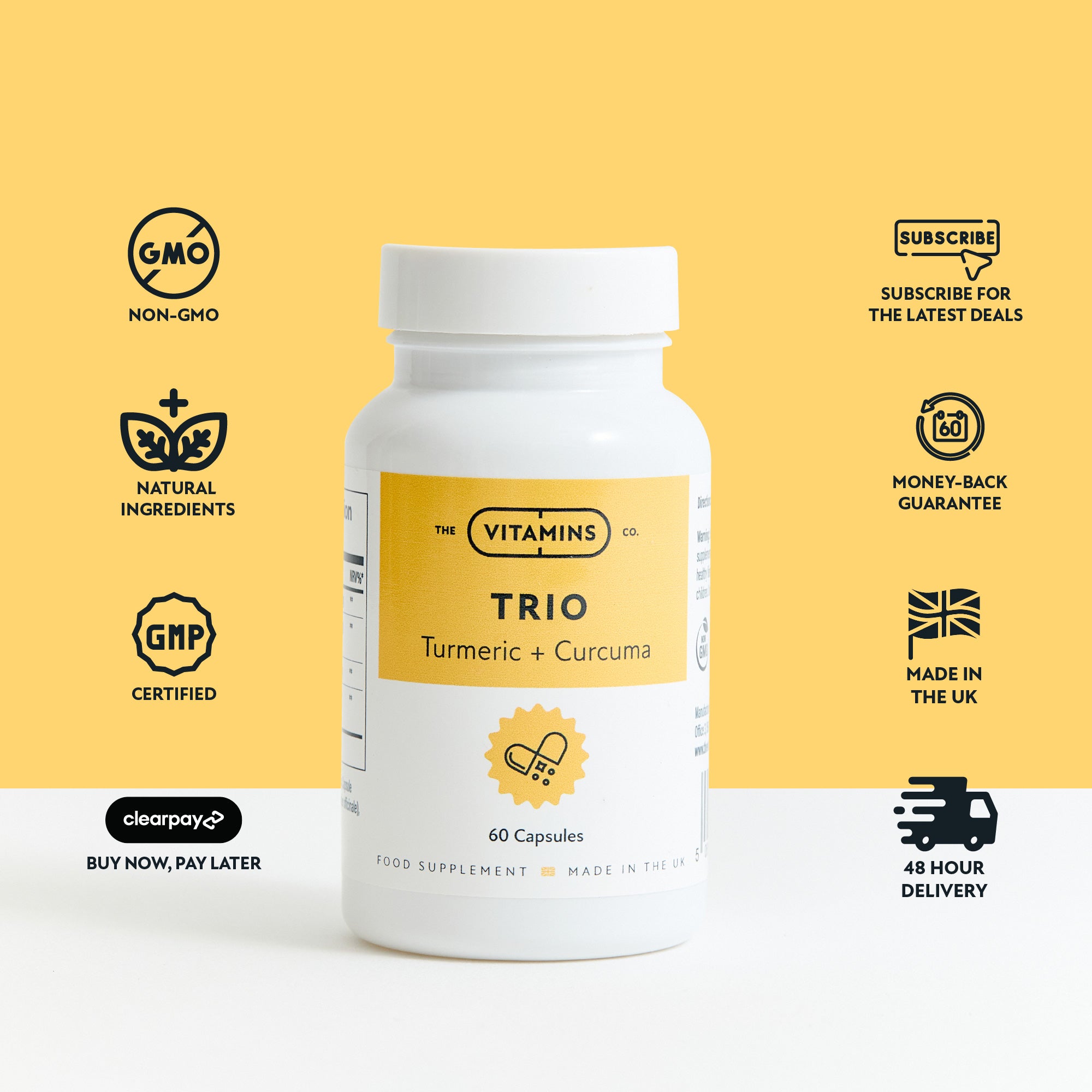 Supplement facts label for Trio – Turmeric + Curcuma supplement by The Vitamins Co