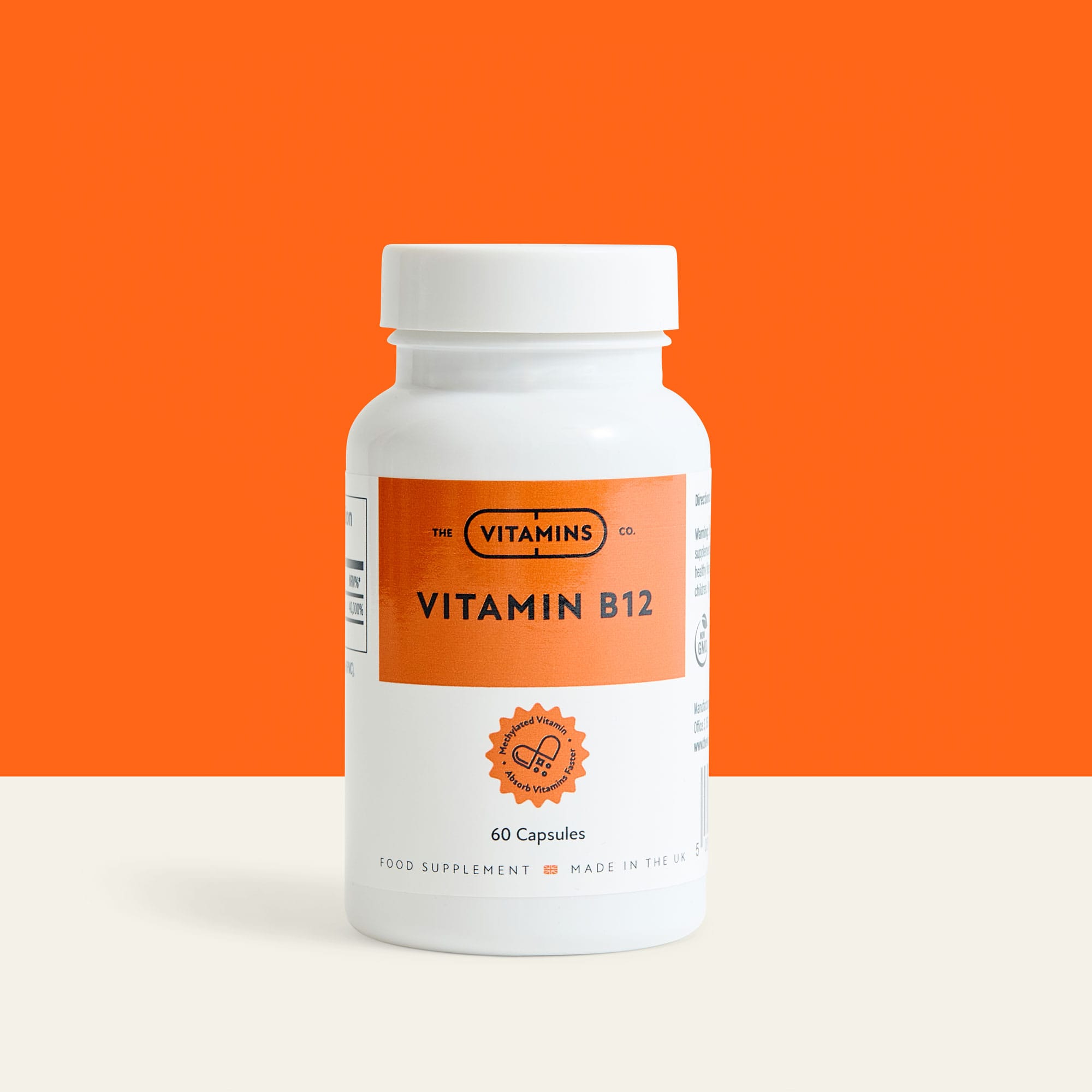 Vitamin B12 by The Vitamins Co – high-strength methylated B12 supplement in white plastic bottle