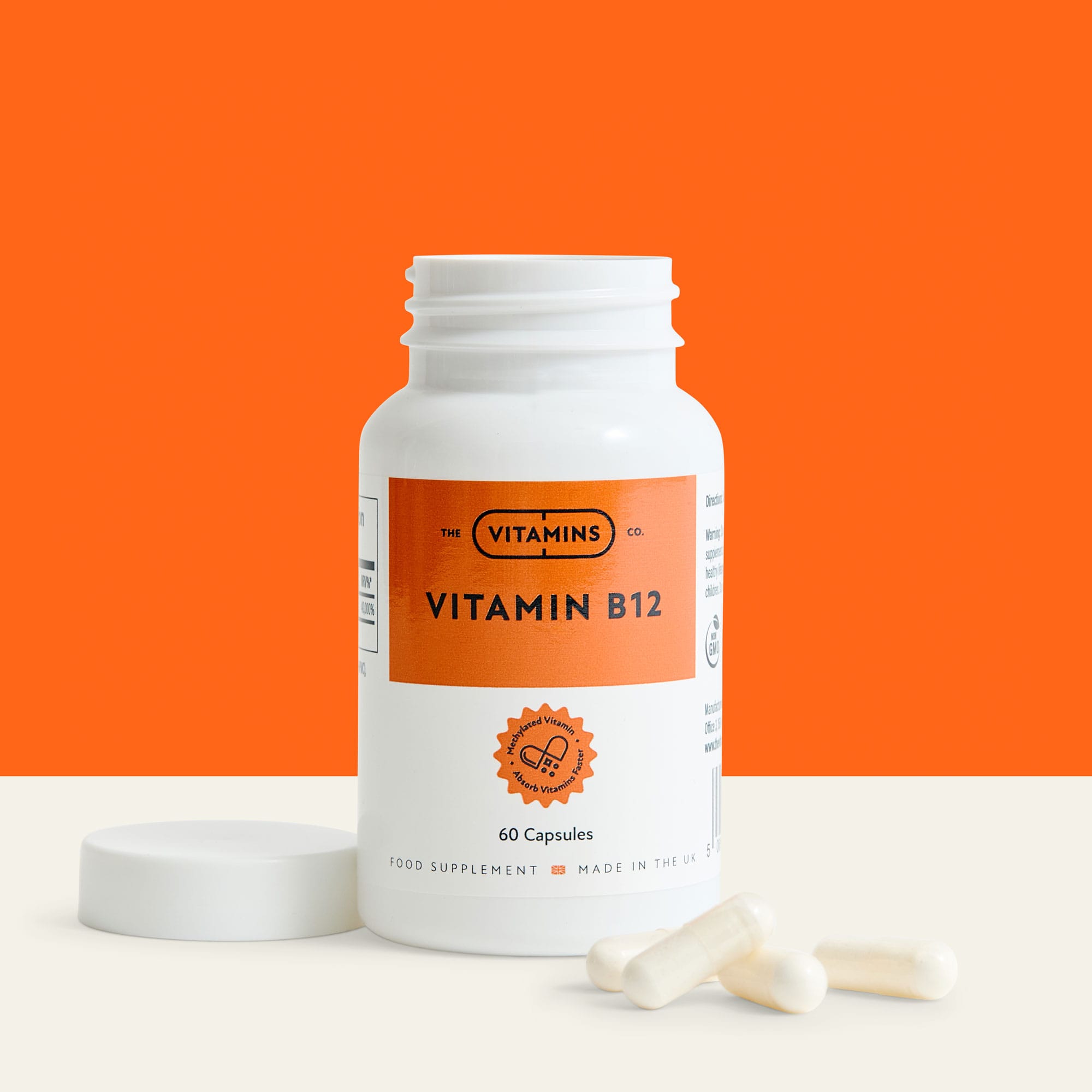 Front label of The Vitamins Co Vitamin B12 – methylcobalamin supplement in white plastic bottle