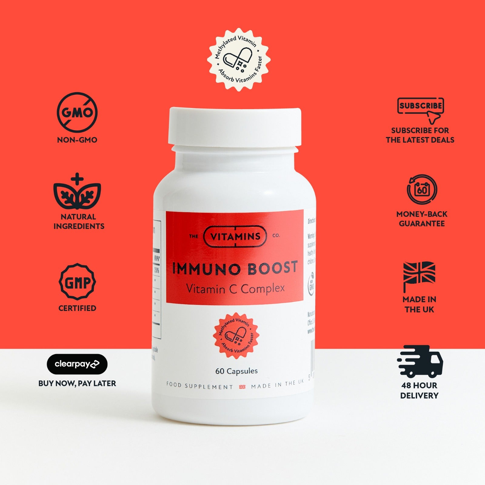 Front label of ImmunoBoost – Vitamin C Complex by The Vitamins Co in white plastic bottle